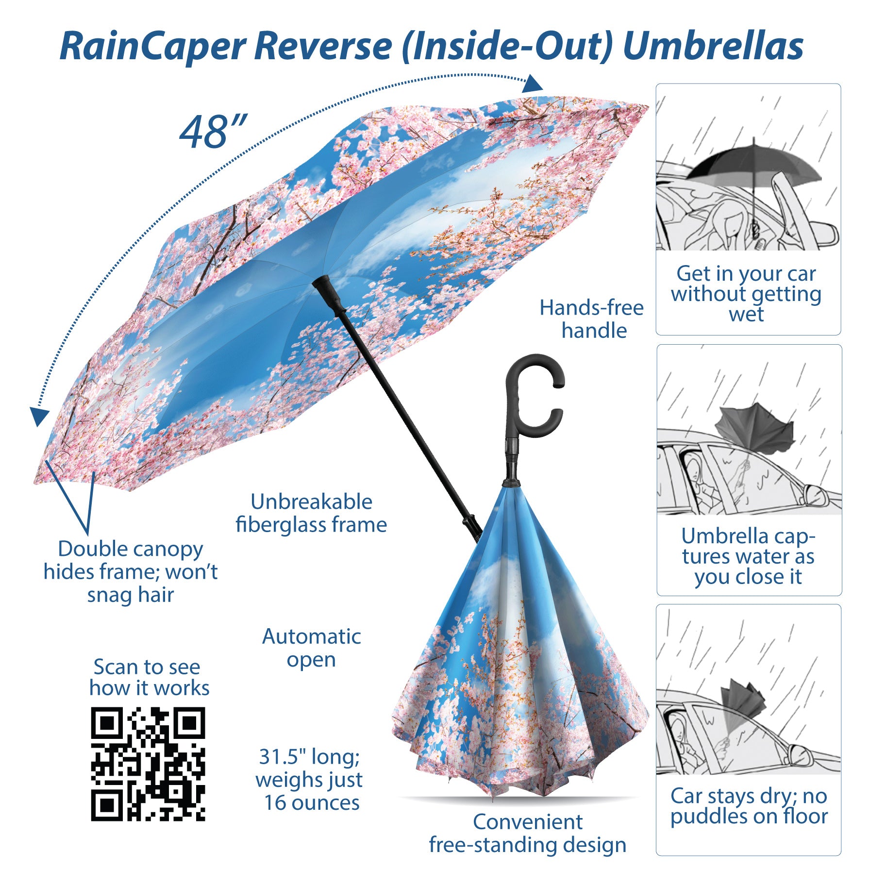RainCaper Cherry Blossoms Reverse Inverted Umbrella –  Windproof, Hands-Free