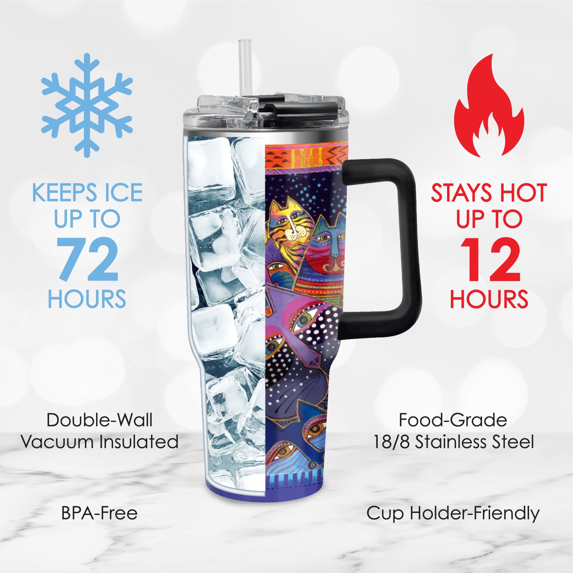 30 oz Tumbler - Laurel Burch "Fantasticats" - Silver Rim