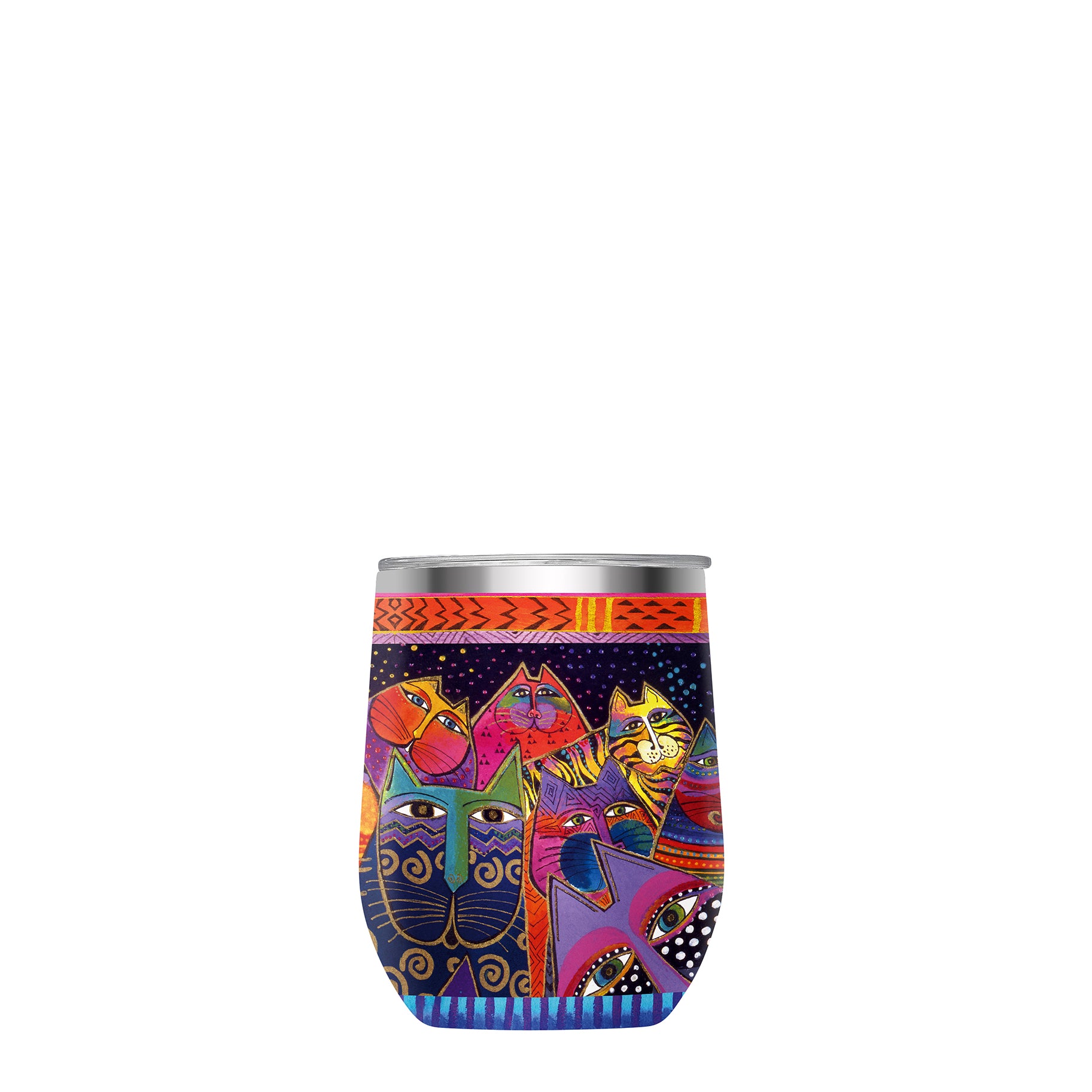 12 oz Stemless Wine Tumbler - Laurel Burch "Fantasticats" - Silver Rim