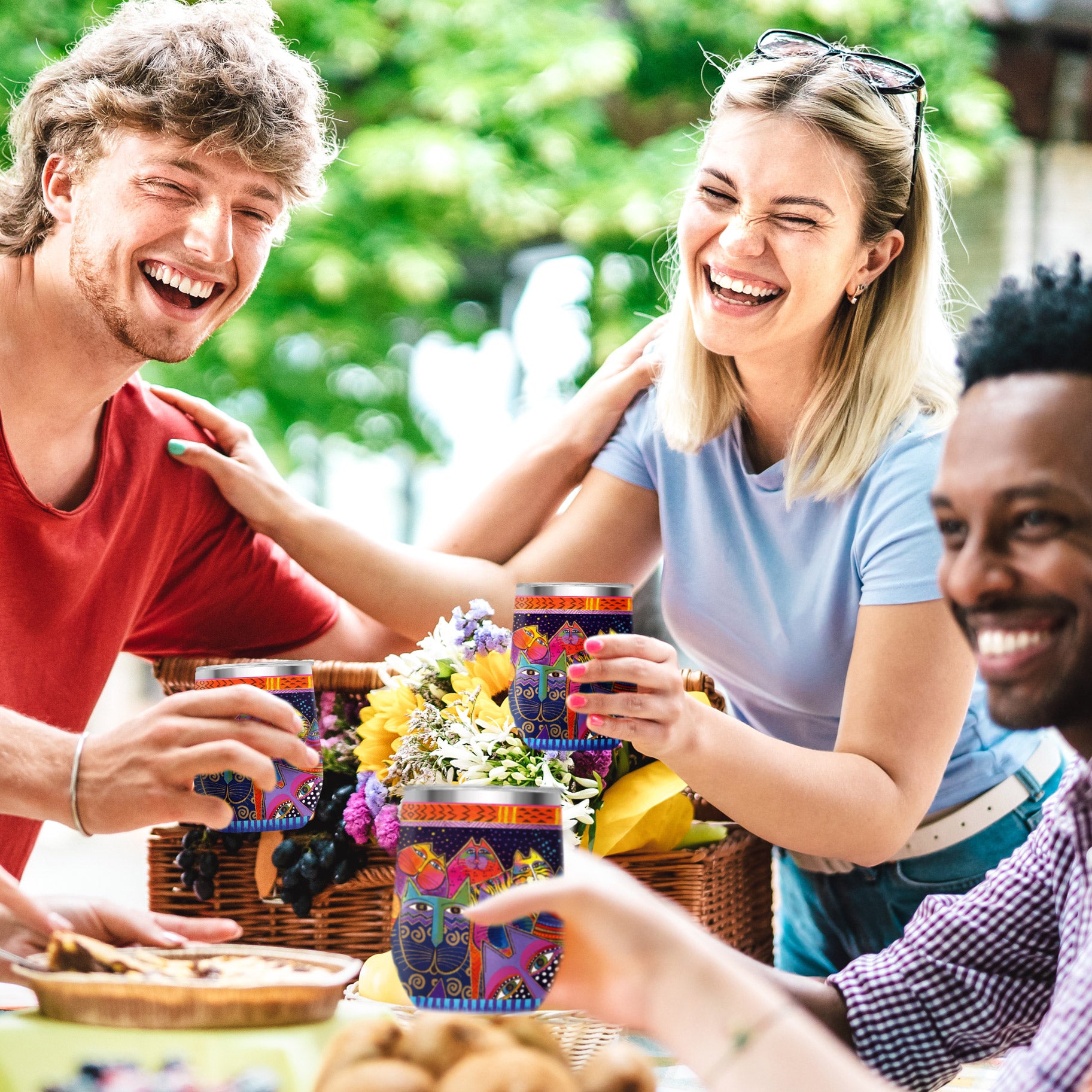 12 oz Stemless Wine Tumbler - Laurel Burch "Fantasticats" - Silver Rim
