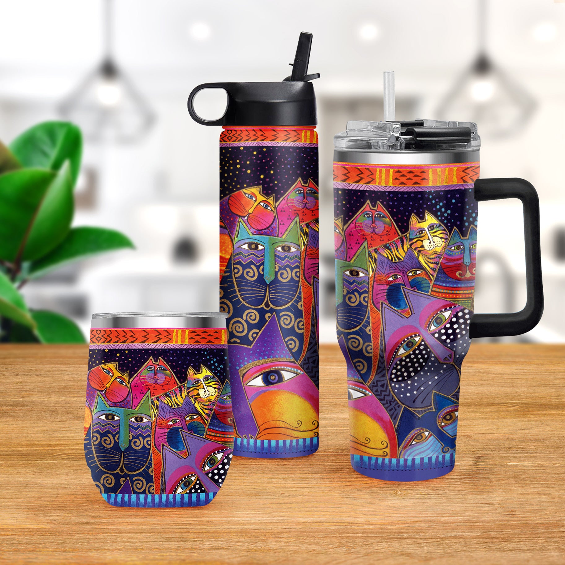 12 oz Stemless Wine Tumbler - Laurel Burch "Fantasticats" - Silver Rim