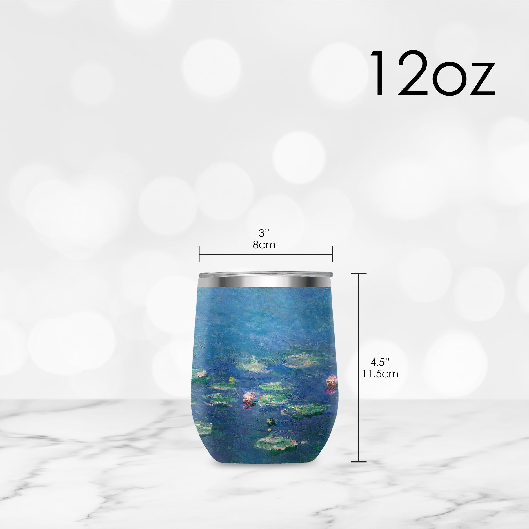 12 oz Stemless Wine Tumbler - Monet "Water Lilies" - Silver Rim