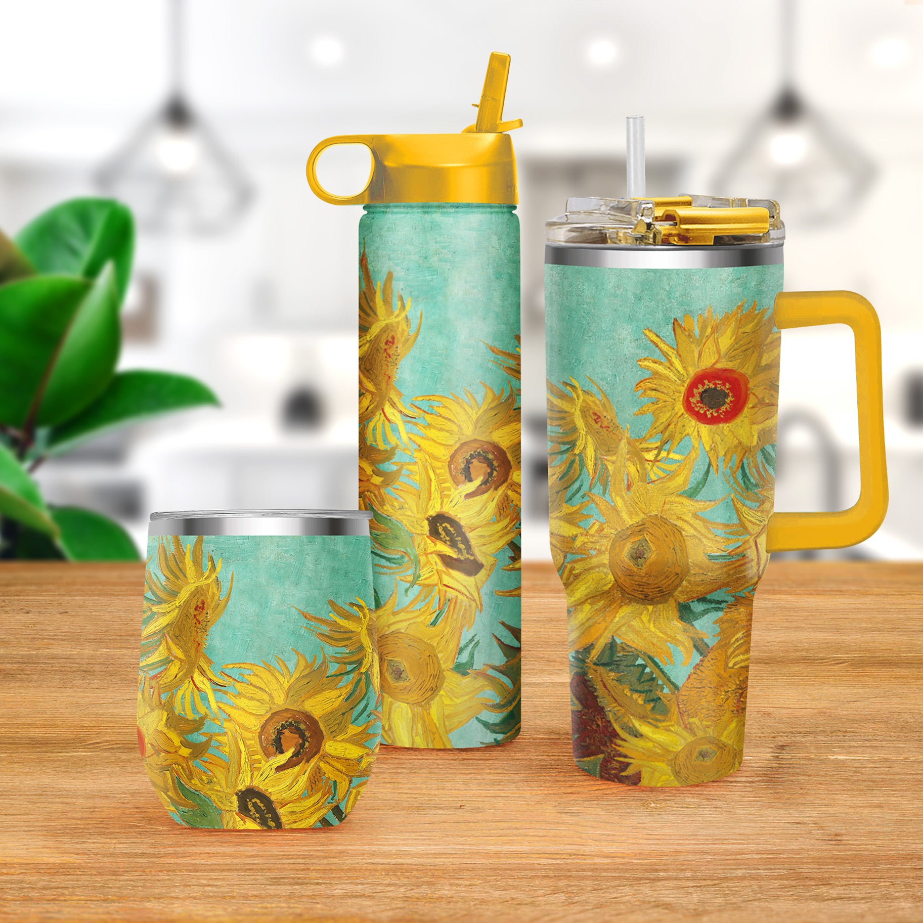 12 oz Stemless Wine Tumbler - van Gogh "Sunflowers" - Silver Rim
