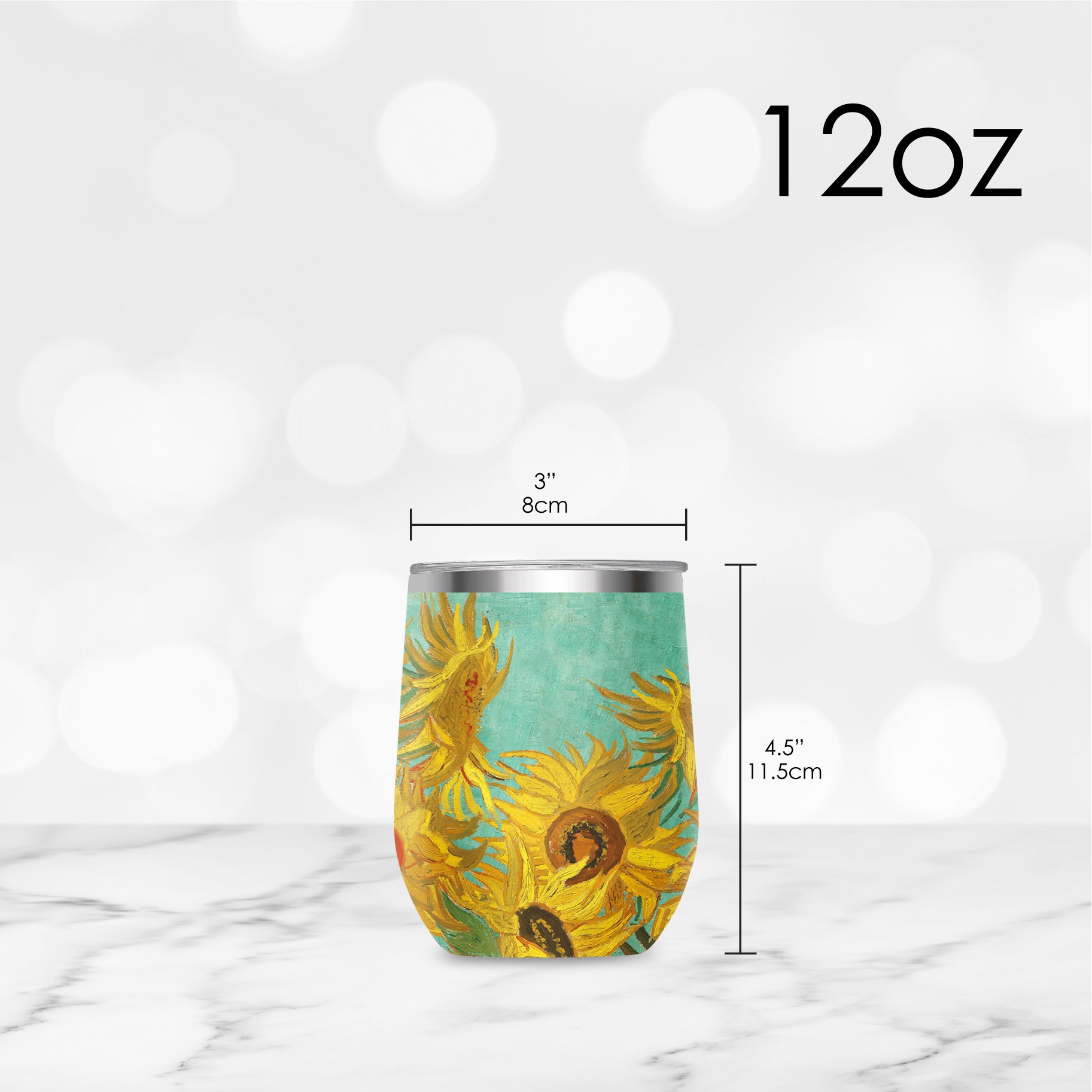 12 oz Stemless Wine Tumbler - van Gogh "Sunflowers" - Silver Rim