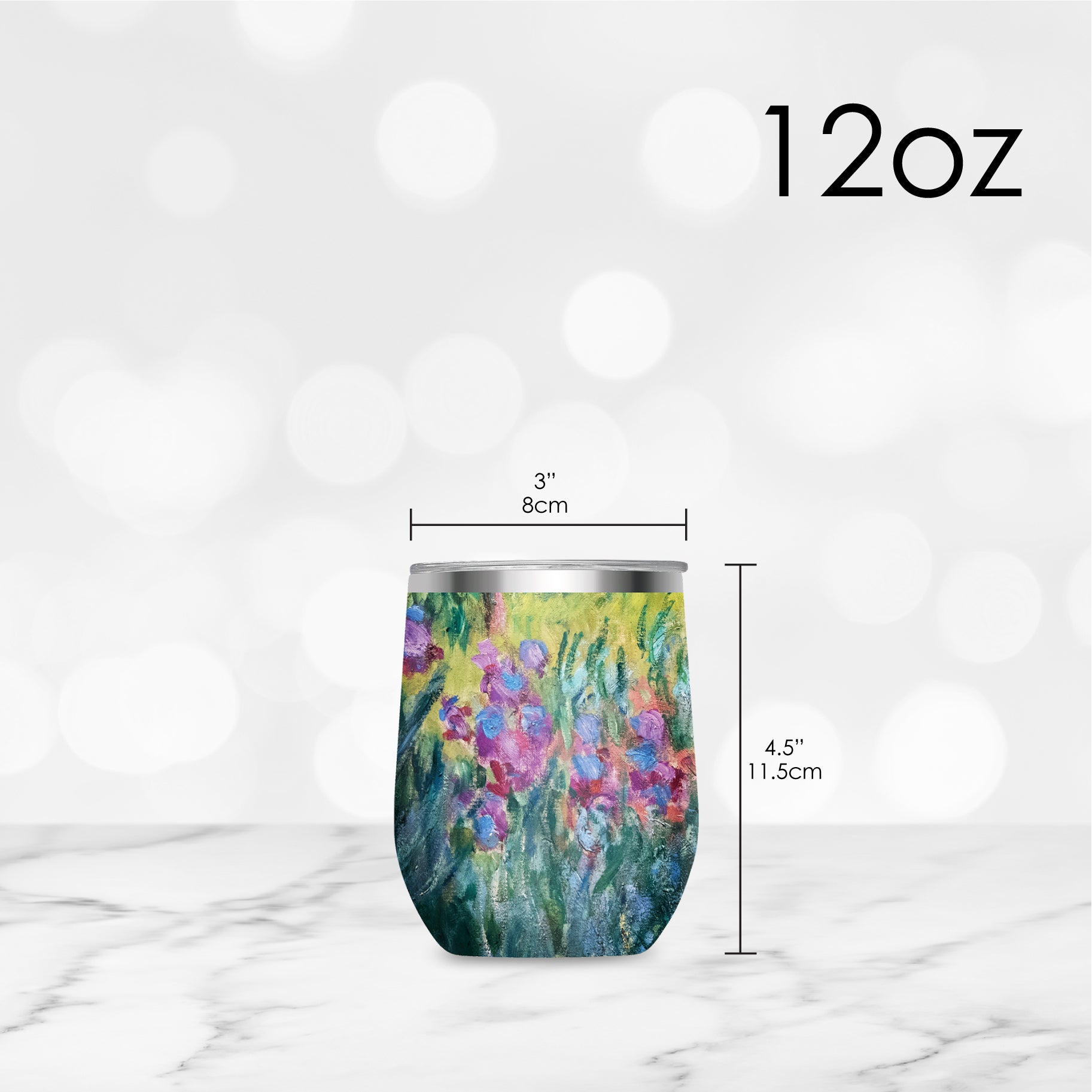 12 oz Stemless Wine Tumbler - Monet "Garden at Giverny" - Silver Rim