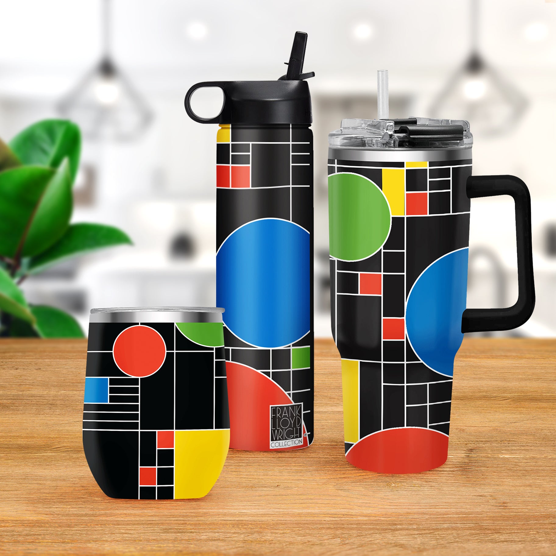 12 oz Stemless Wine Tumbler - Frank Lloyd Wright "Coonley Playhouse" - Silver Rim