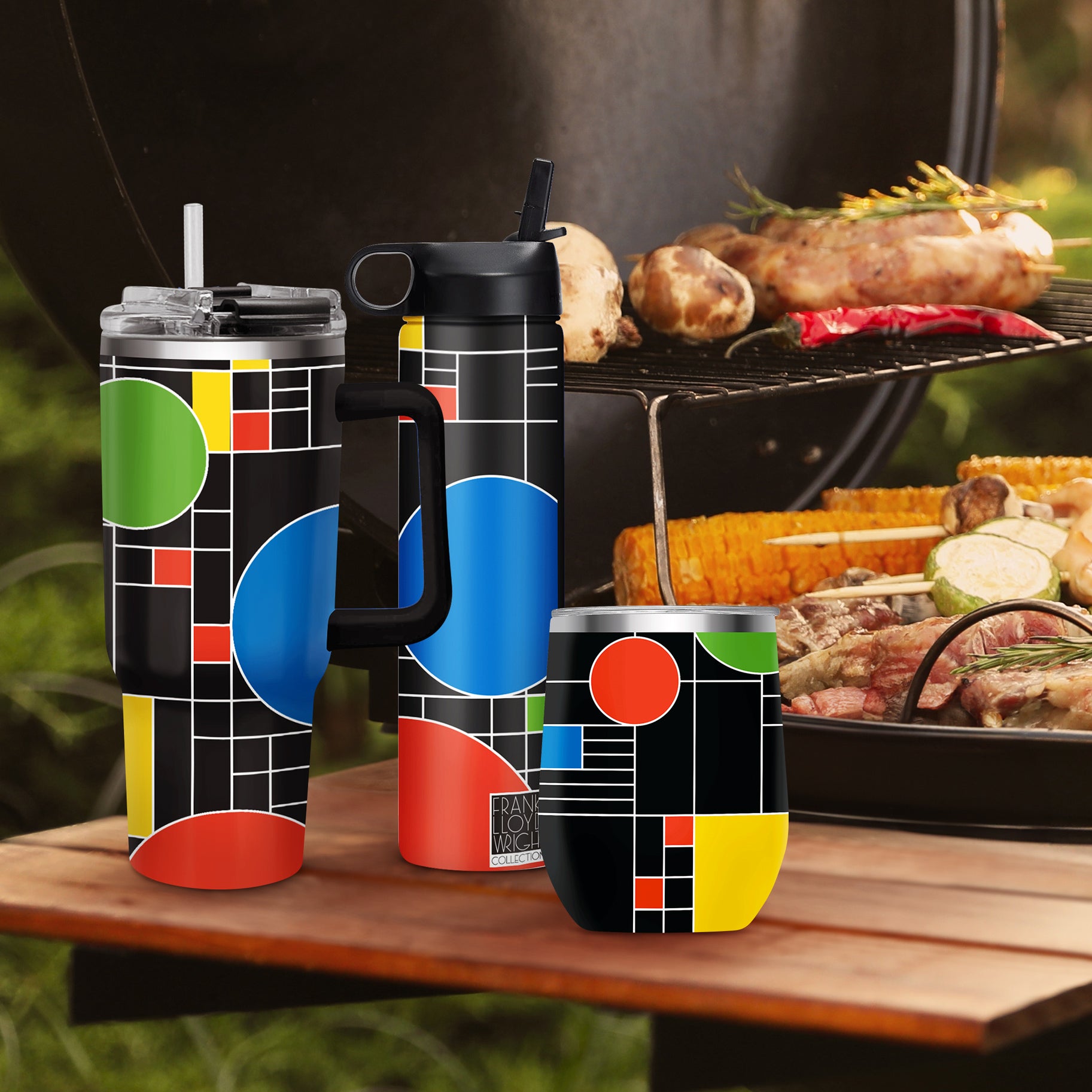 12 oz Stemless Wine Tumbler - Frank Lloyd Wright "Coonley Playhouse" - Silver Rim