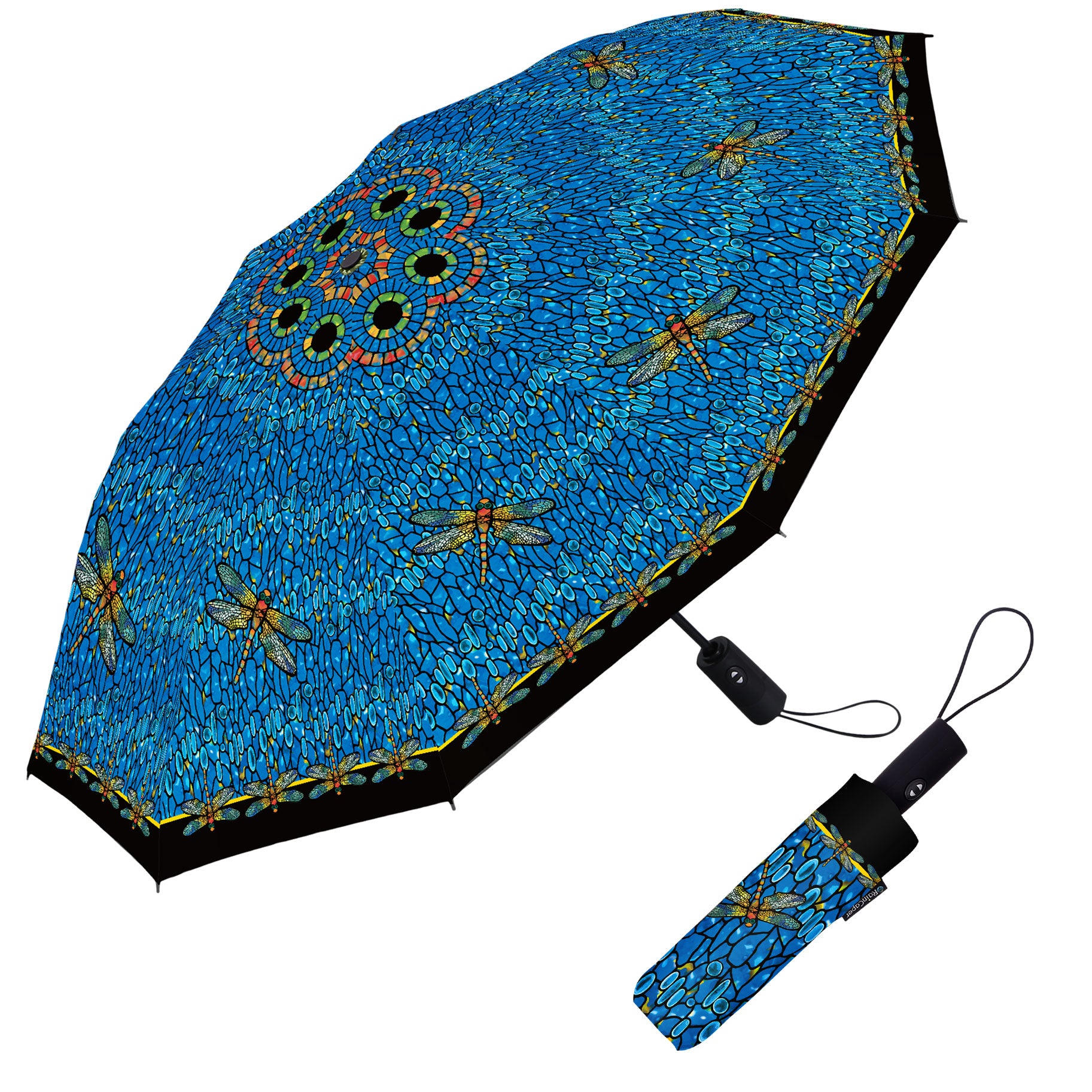 Tiffany Dragonfly (Multi) Folding Travel Umbrella – Compact, One-Touch Open & Close