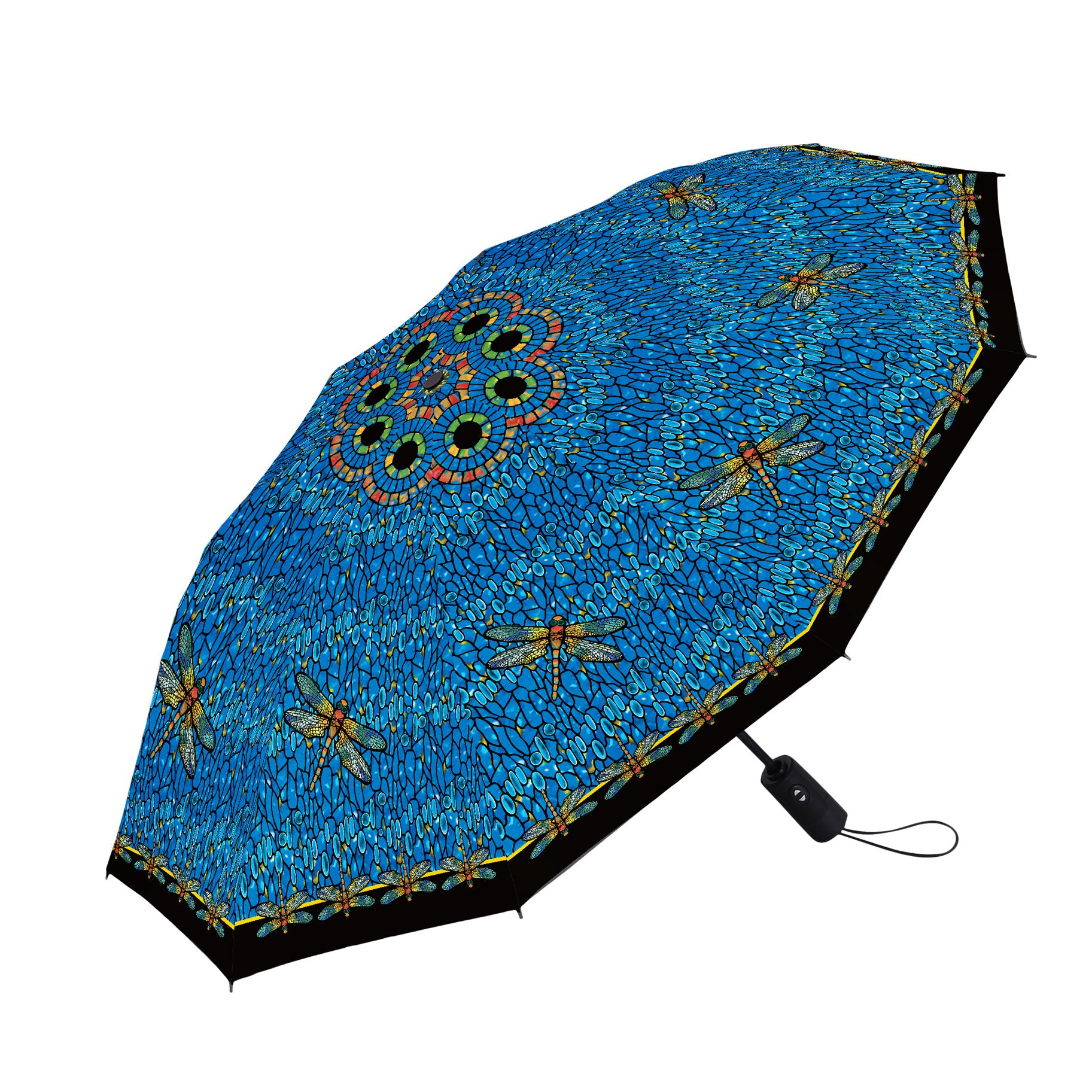 Tiffany Dragonfly (Multi) Folding Travel Umbrella – Compact, One-Touch Open & Close