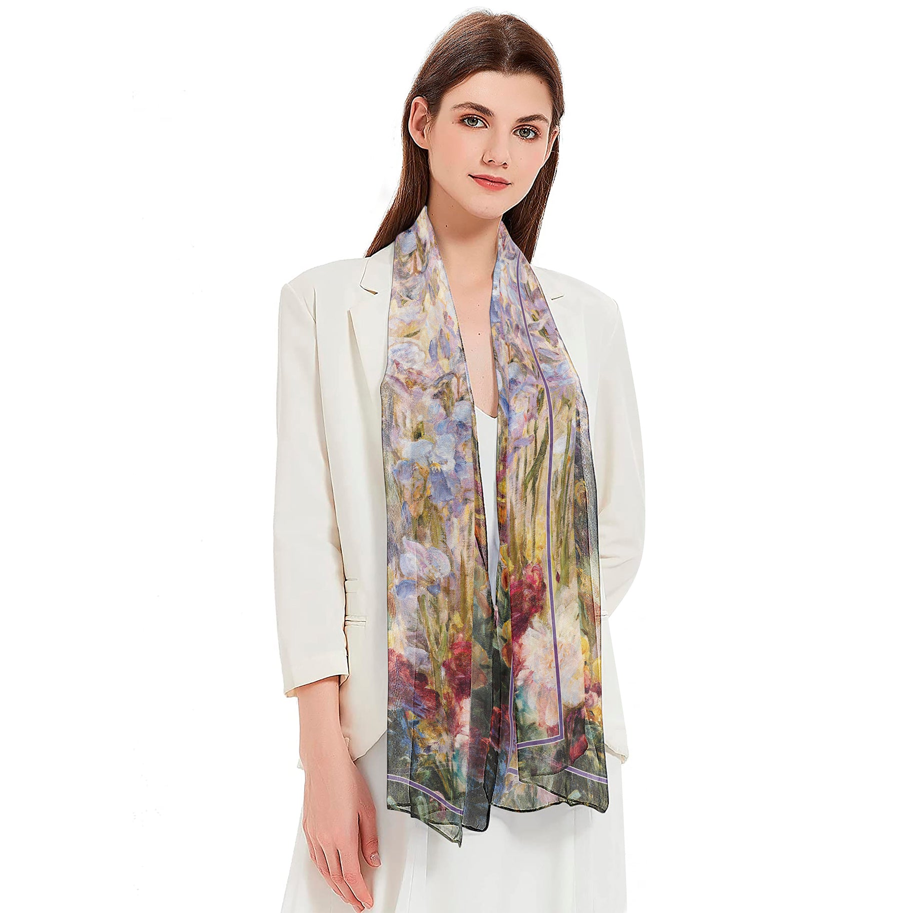 Tiffany Peonies & Iris Silky-soft Polyester Sheer Long Scarf Feels like Silk