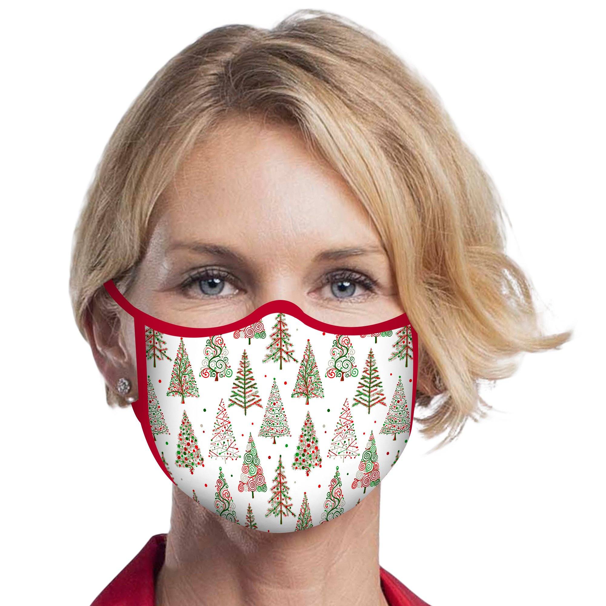 Woman wearing a RainCaper Christmas Trees on White Reusable Fabric Face Mask