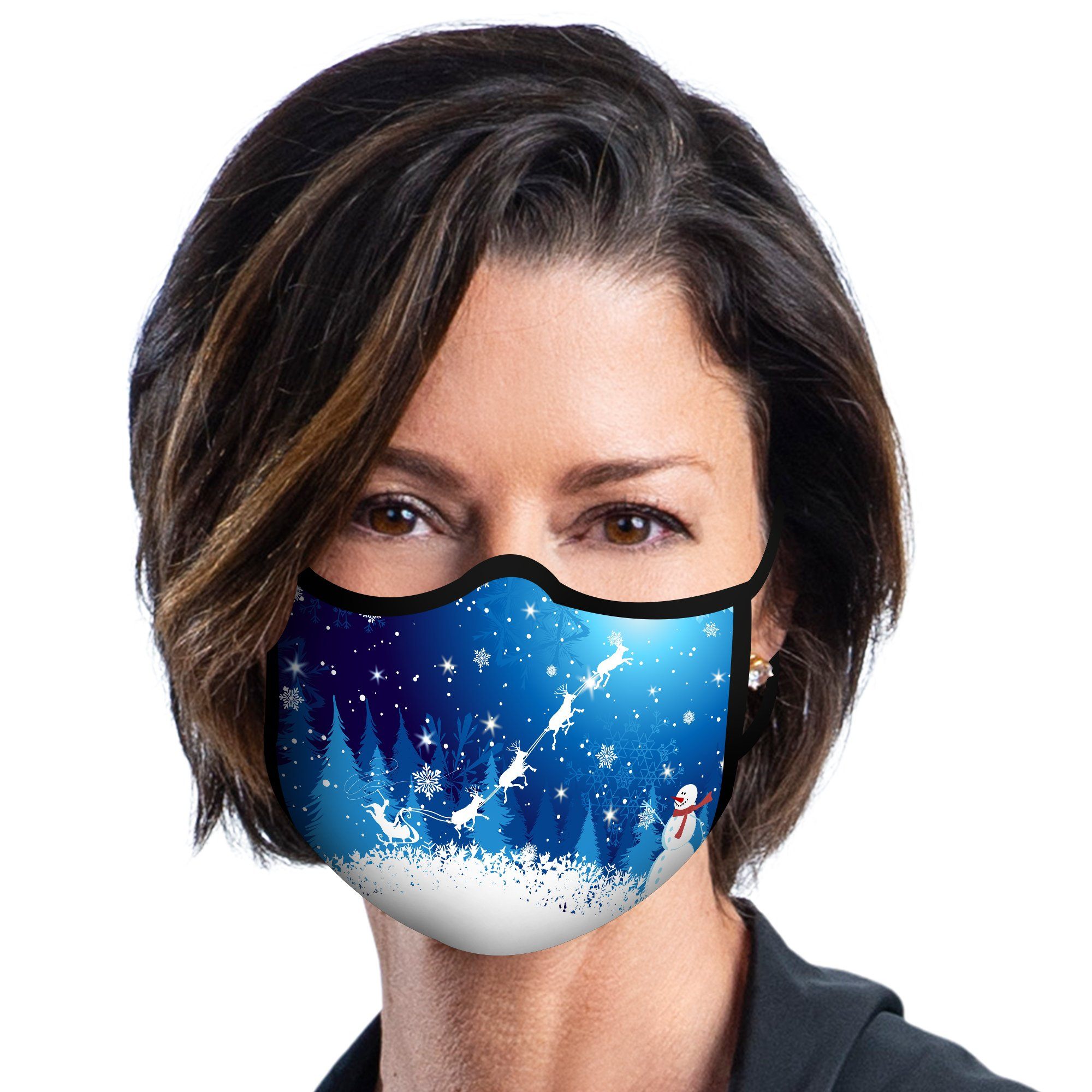 Woman wearing a RainCaper Christmas Snow Scene Reusable Fabric Face Mask