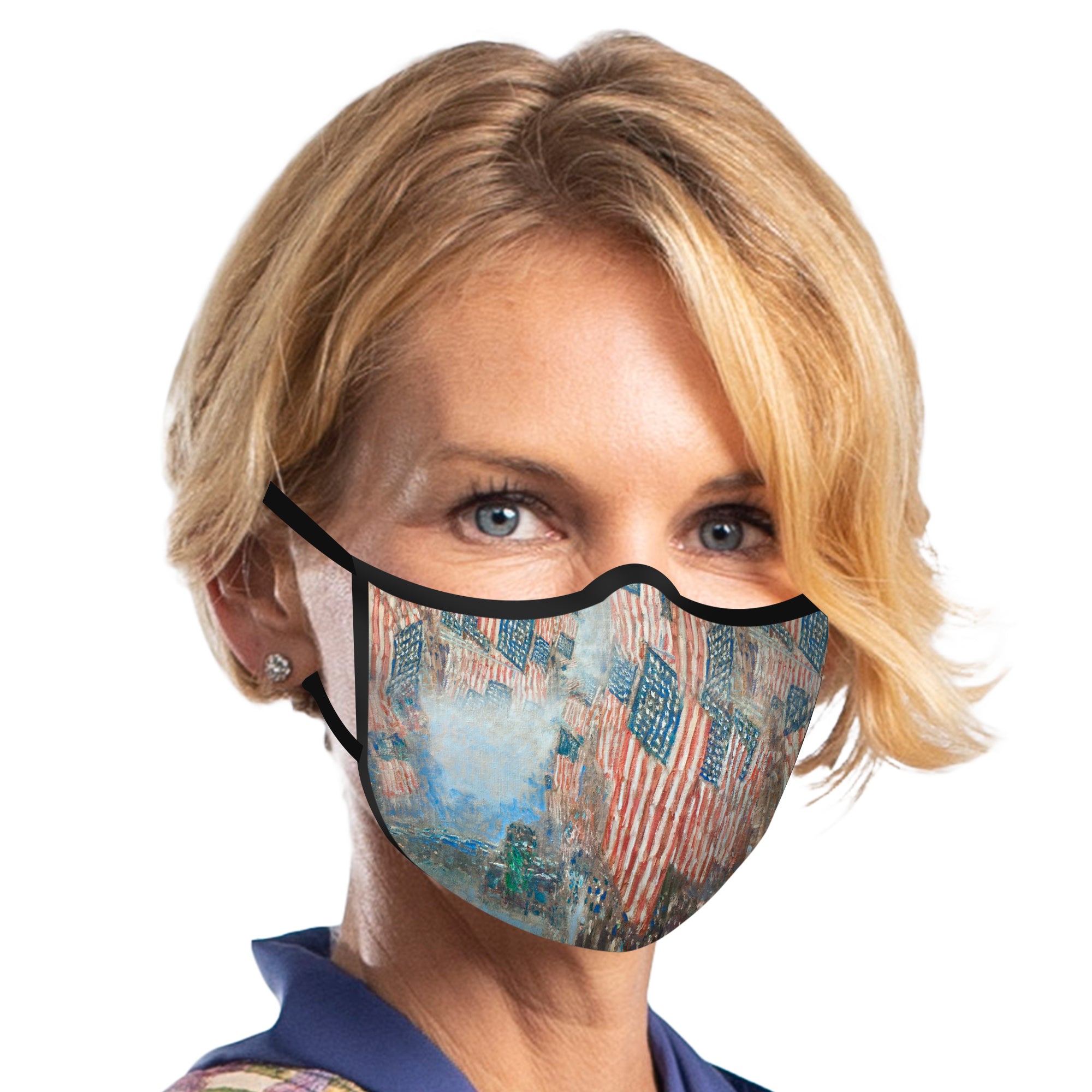 Woman wearing a RainCaper Hassam Fourth of July Reusable Fabric Face Mask.