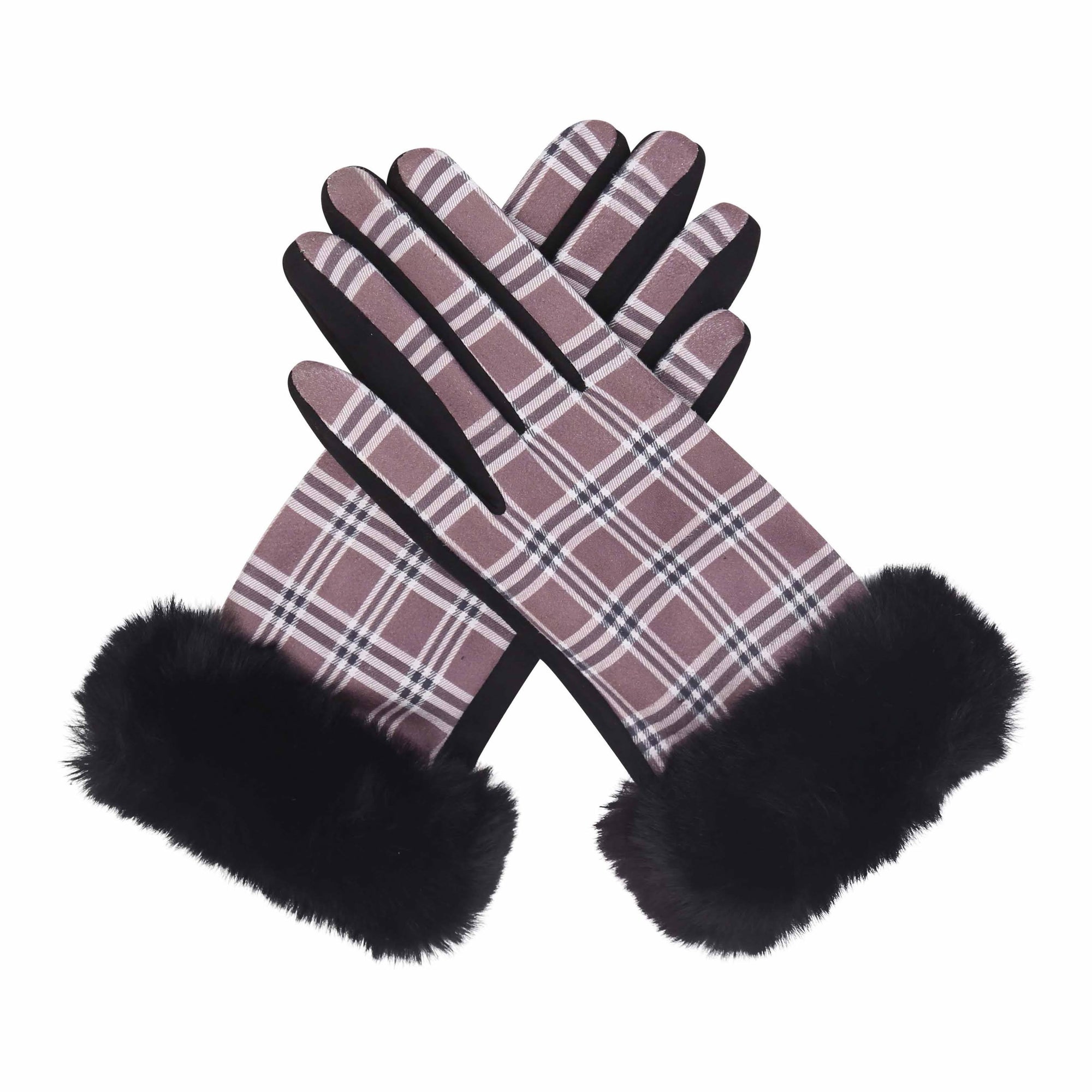 Pair of black, brown and white tartan plaid texting gloves with black fake fur cuffs