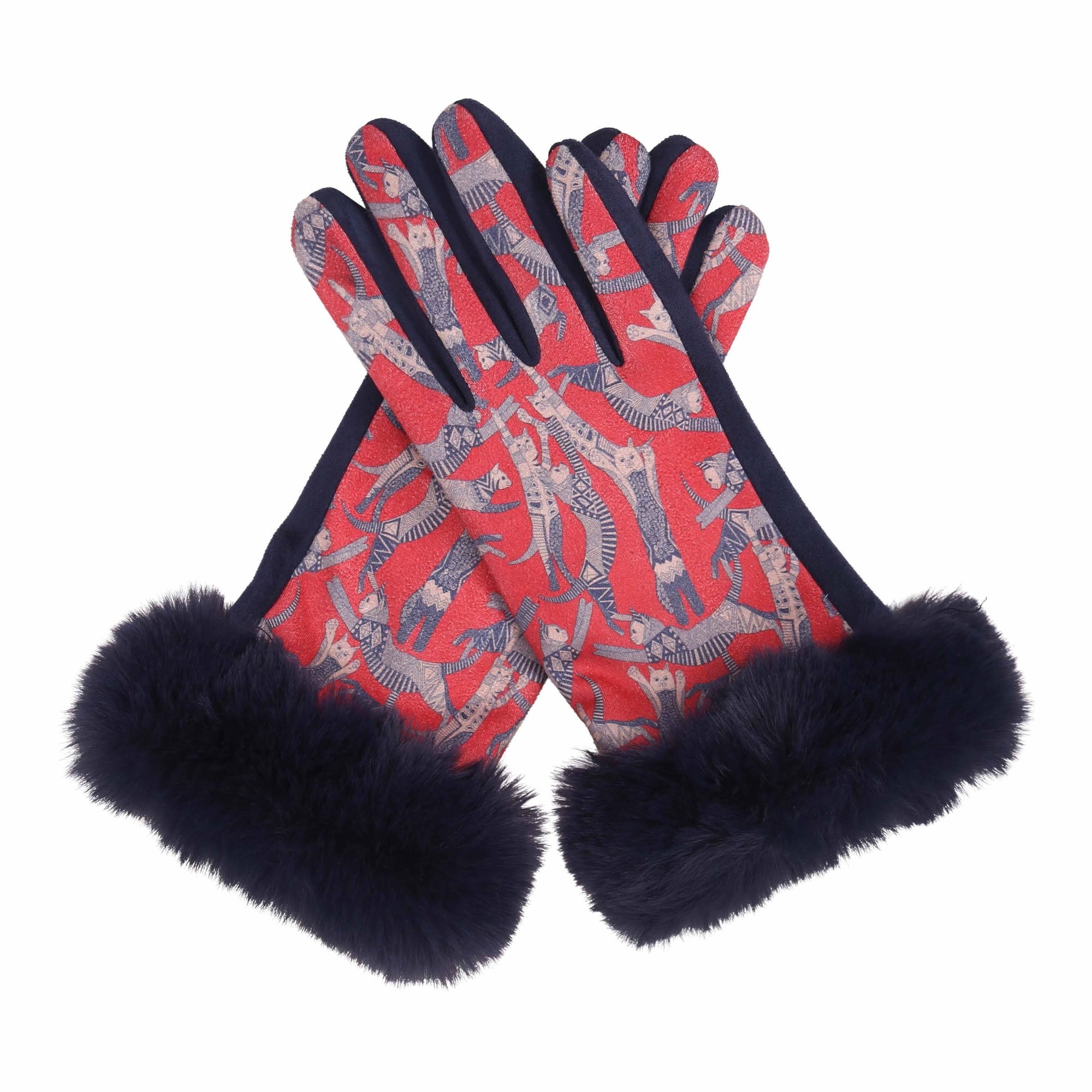 Pair of Navy and Cool Cats print texting gloves with black fake fur cuffs.