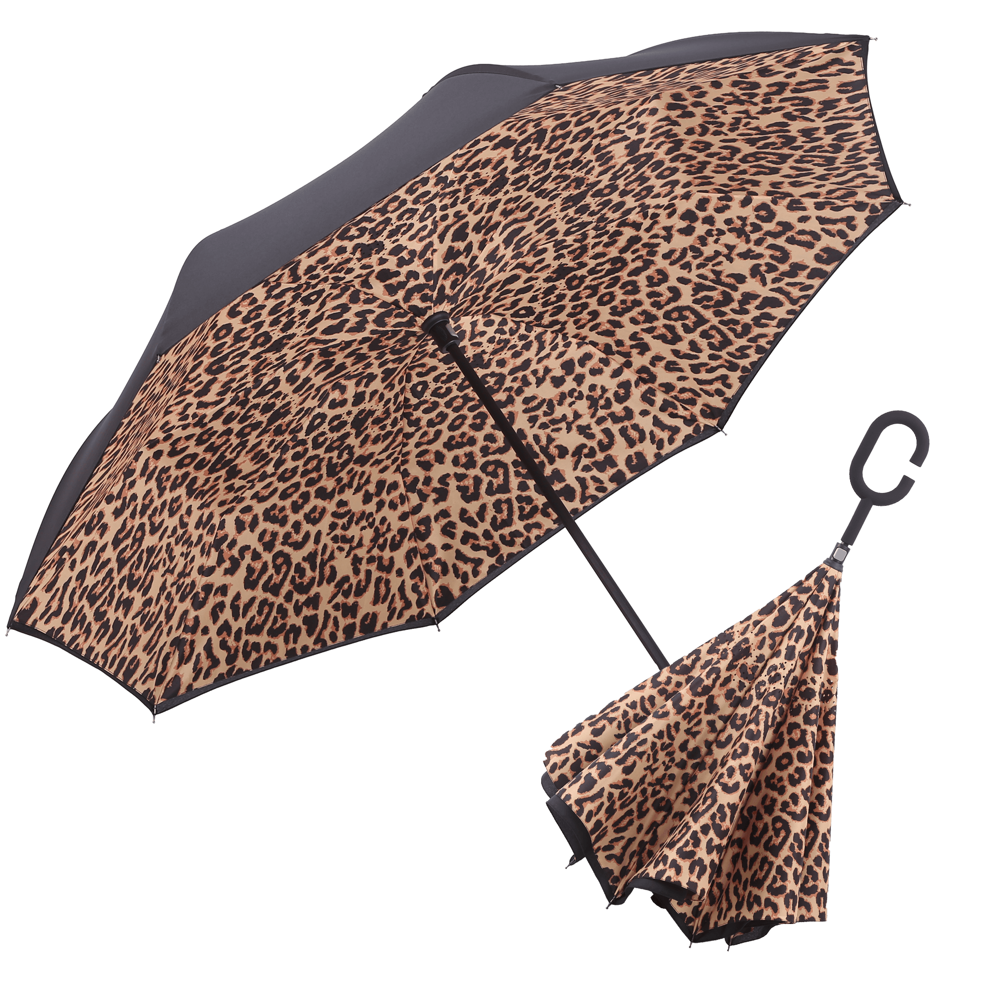 Image of a RainCaper Black & Leopard inverted umbrella shown both open and closed. When open, the top is Black and the interior features the Leopard print