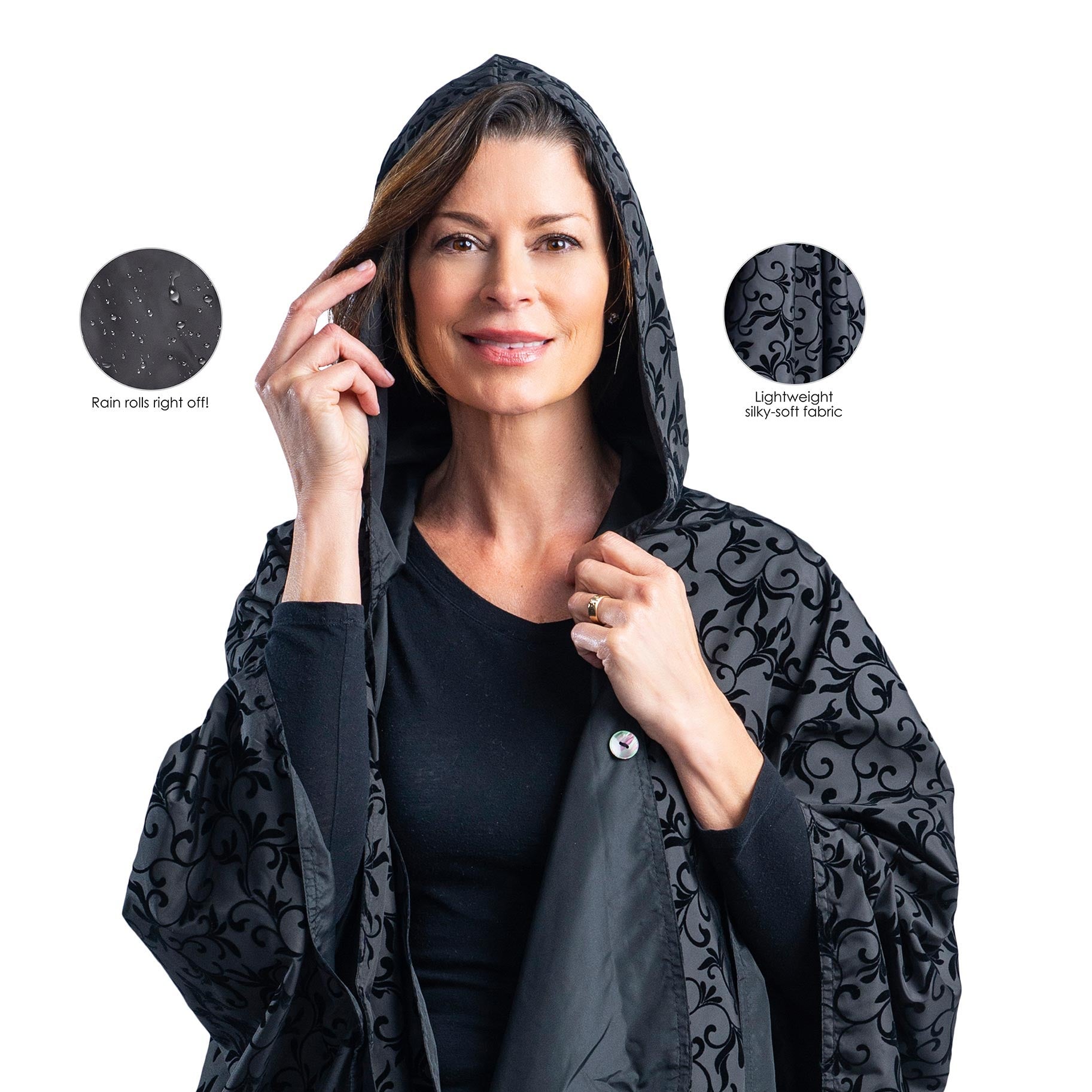 Black with Velvet Swirls Reversible Hooded Rain Cape – Lightweight
