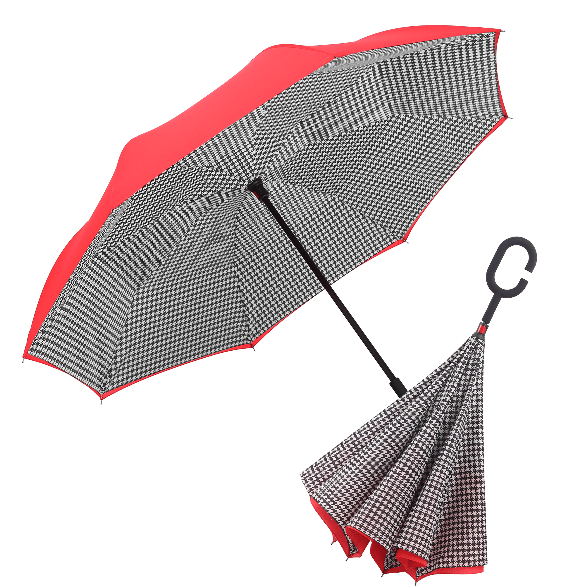 Image of a RainCaper Crimson/Black & White Houndstooth inverted umbrella shown both open and closed. When open, the top is Crimson and the interior features the Black & White Houndstooth print