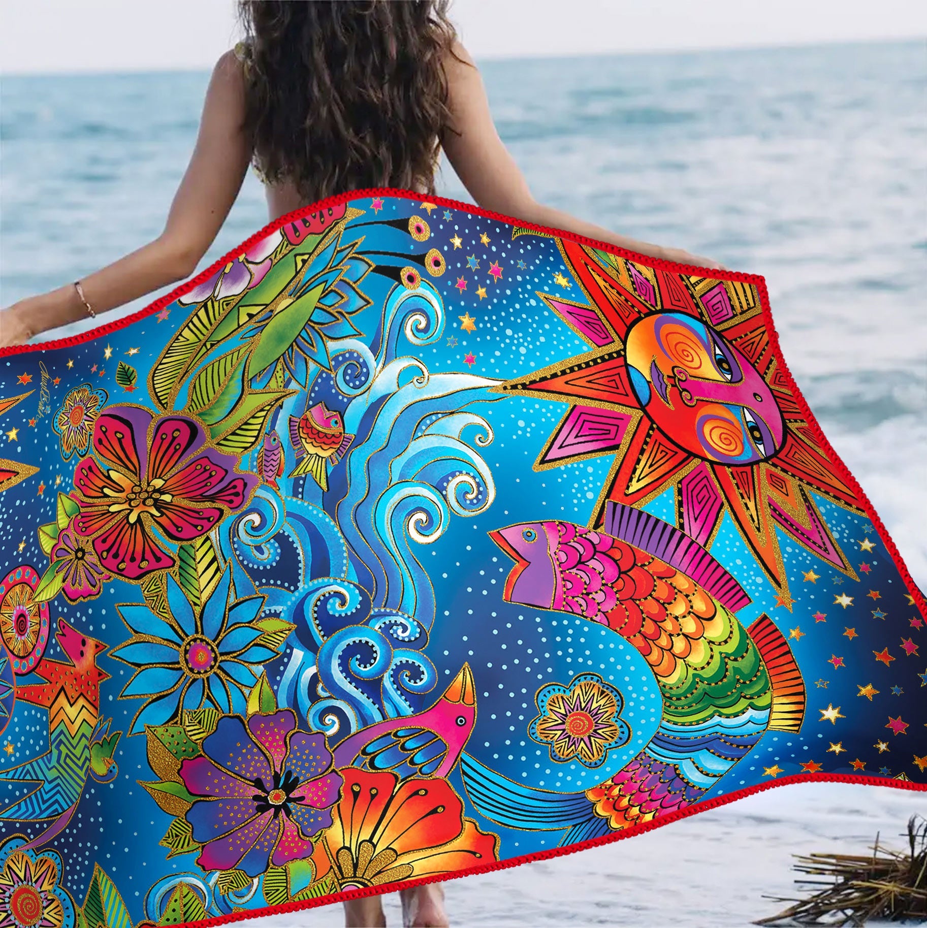 Oversized Beach Towel 40x63" - Microfiber, Quick-Dry, Laurel Burch Celestial Magic