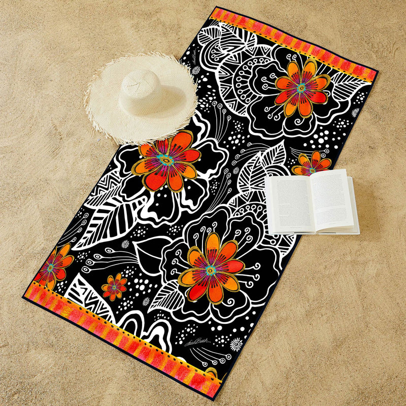 Oversized Beach Towel 40x63" - Microfiber, Quick-Dry, Laurel Burch Orange Blossoms