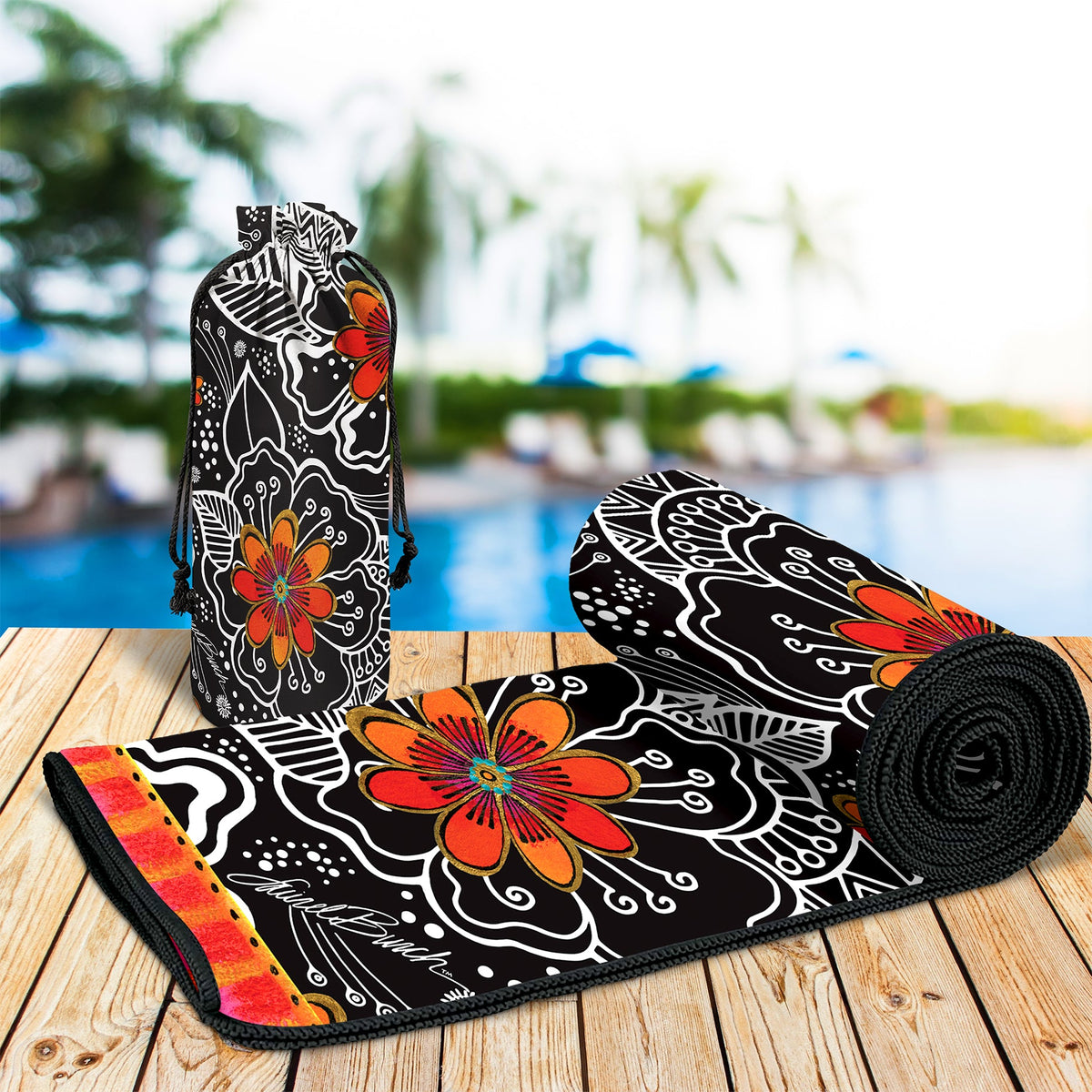 Oversized Beach Towel 40x63" - Microfiber, Quick-Dry, Laurel Burch Orange Blossoms