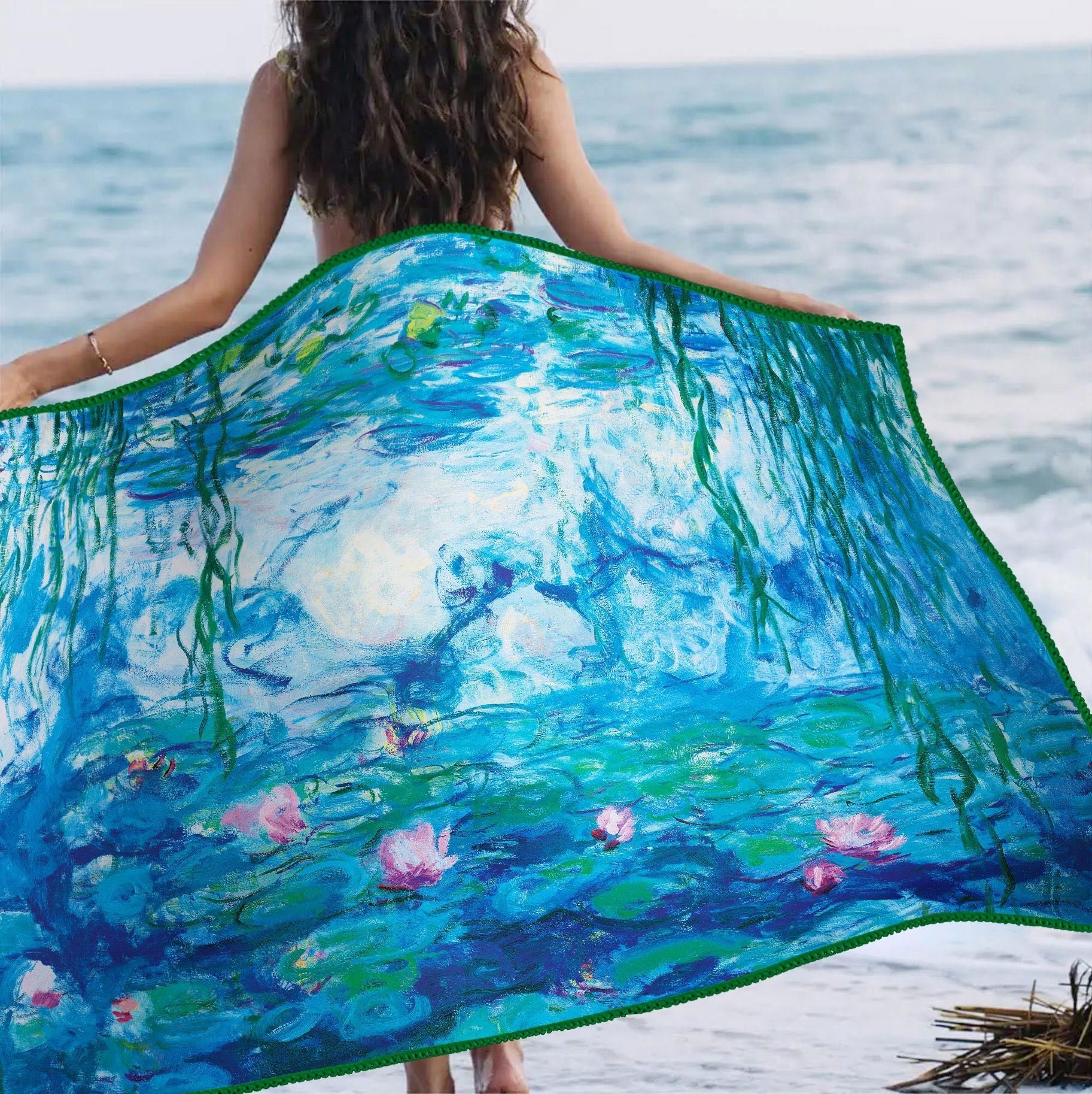 Oversized Beach Towel 40x63" - Microfiber, Quick-Dry, Monet Nympheas