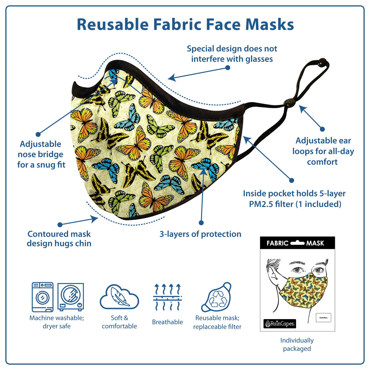 RainCaper Butterflies Reusable Fabric Face Mask