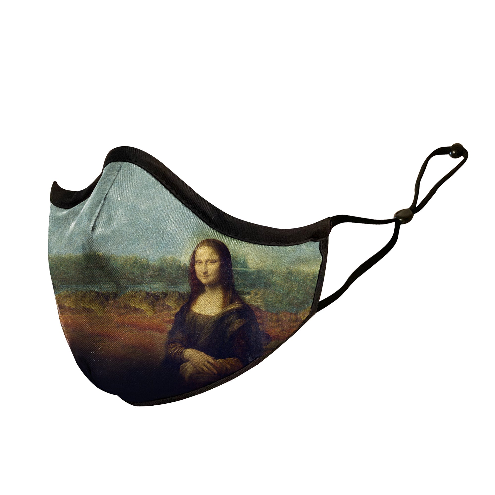 Woman wearing a RainCaper Da Vinci Mona Lisa Reusable Fabric Face Mask.