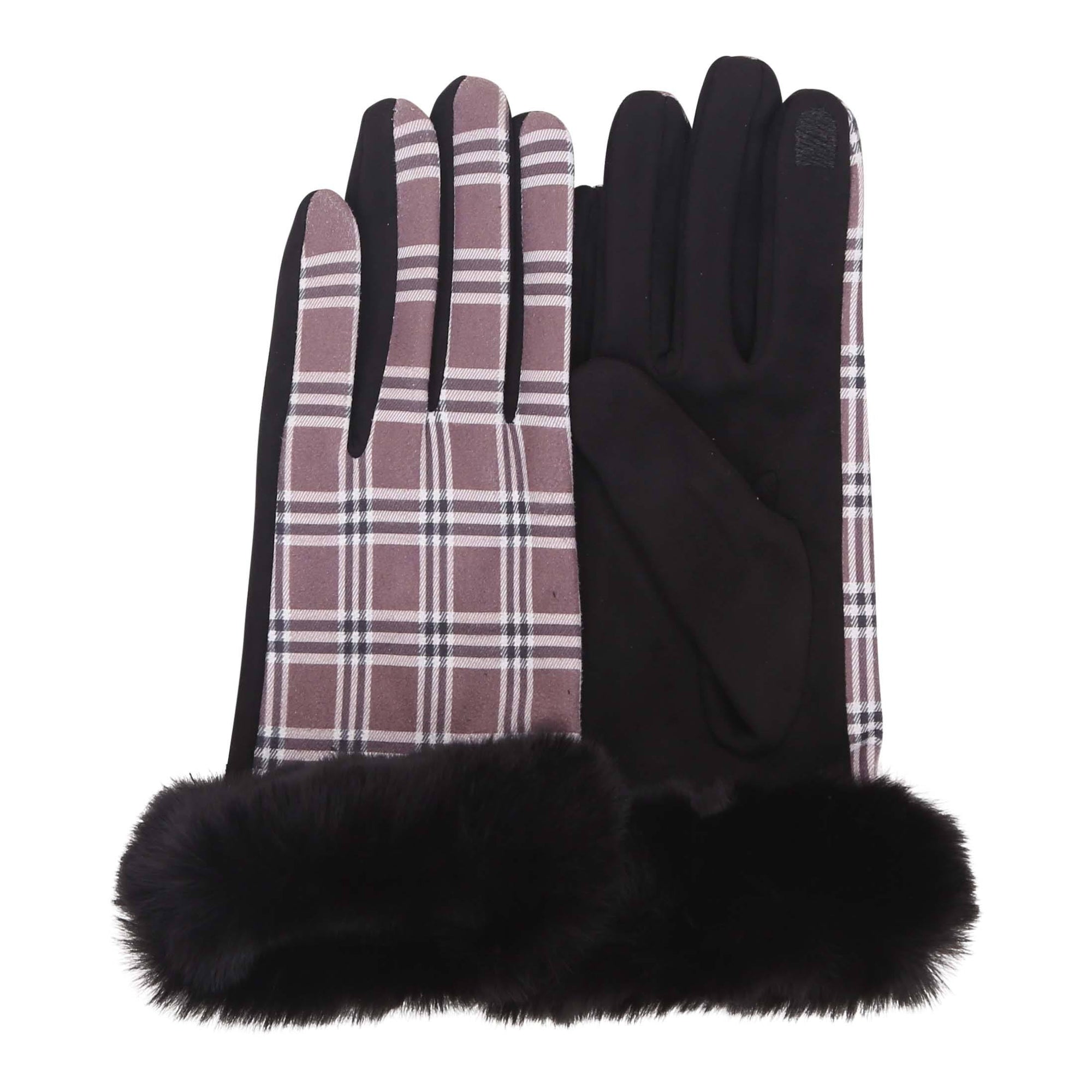 Pair of black, brown and white tartan plaid texting gloves with black fake fur cuffs