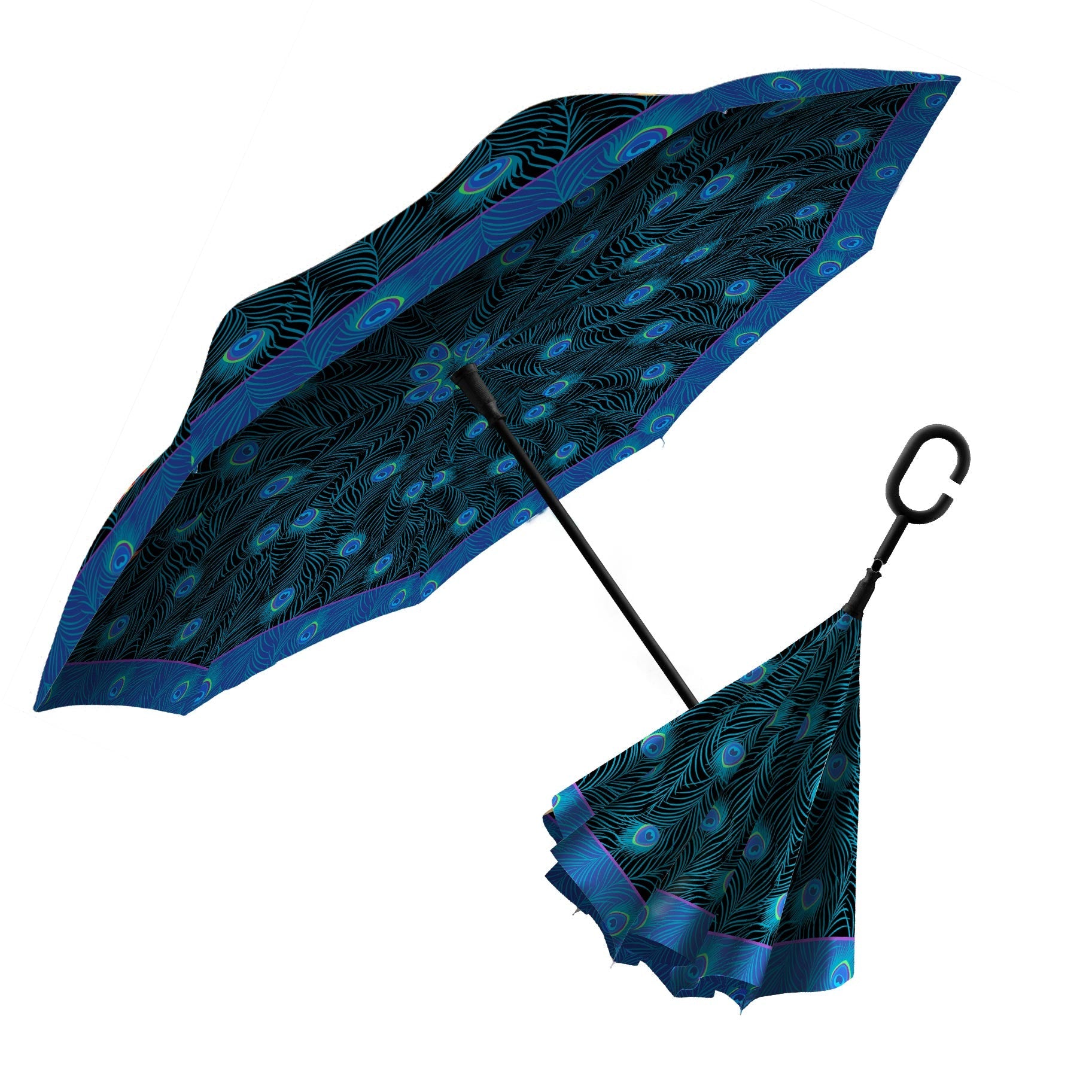 Black and Blue Peacock Reverse Umbrella