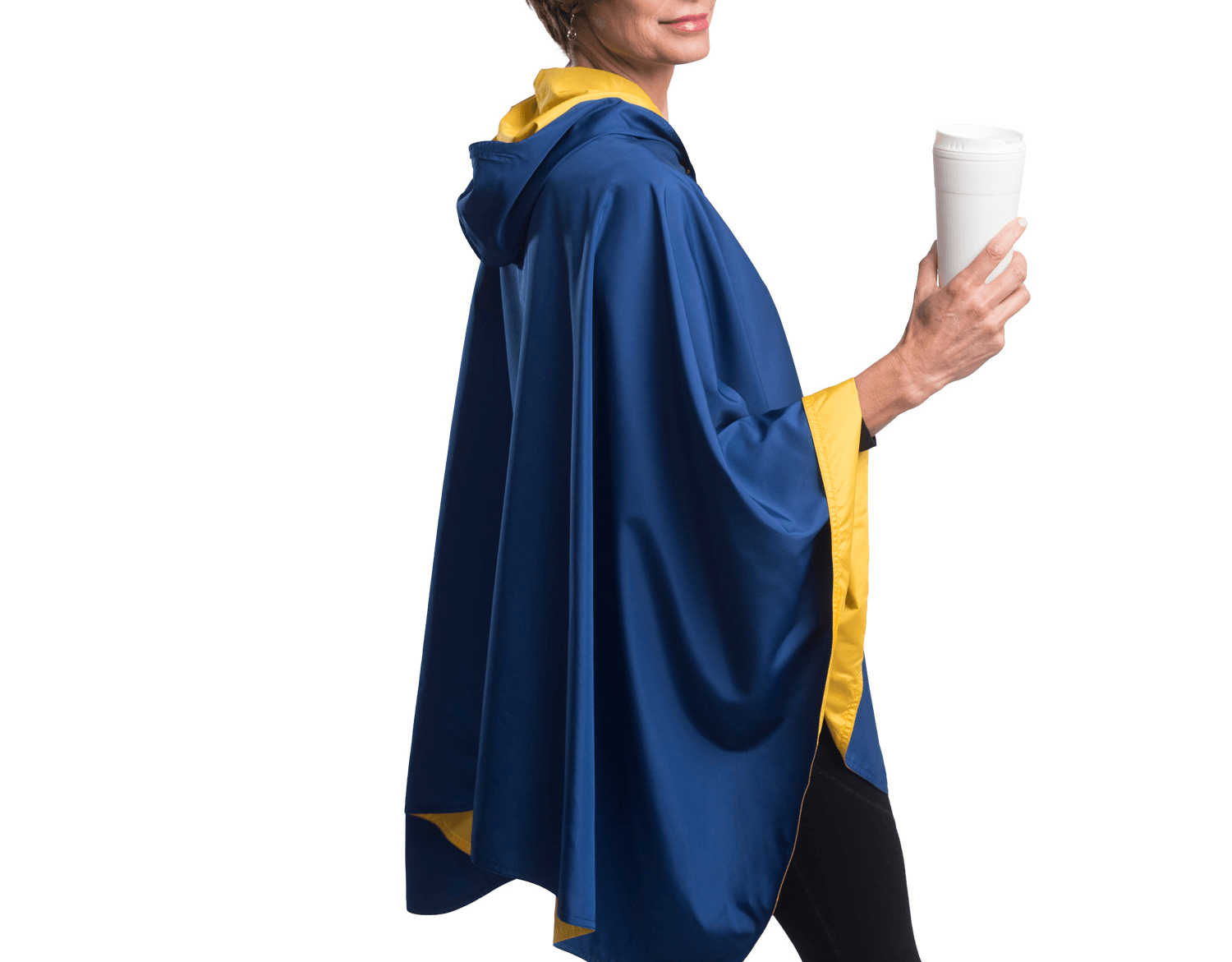 Woman wearing a Navy Blue & Gold Wind & Rainproof Sports Cape with the Navy Blue side out, revealing the Gold print at the lapels,neckline and cuffs