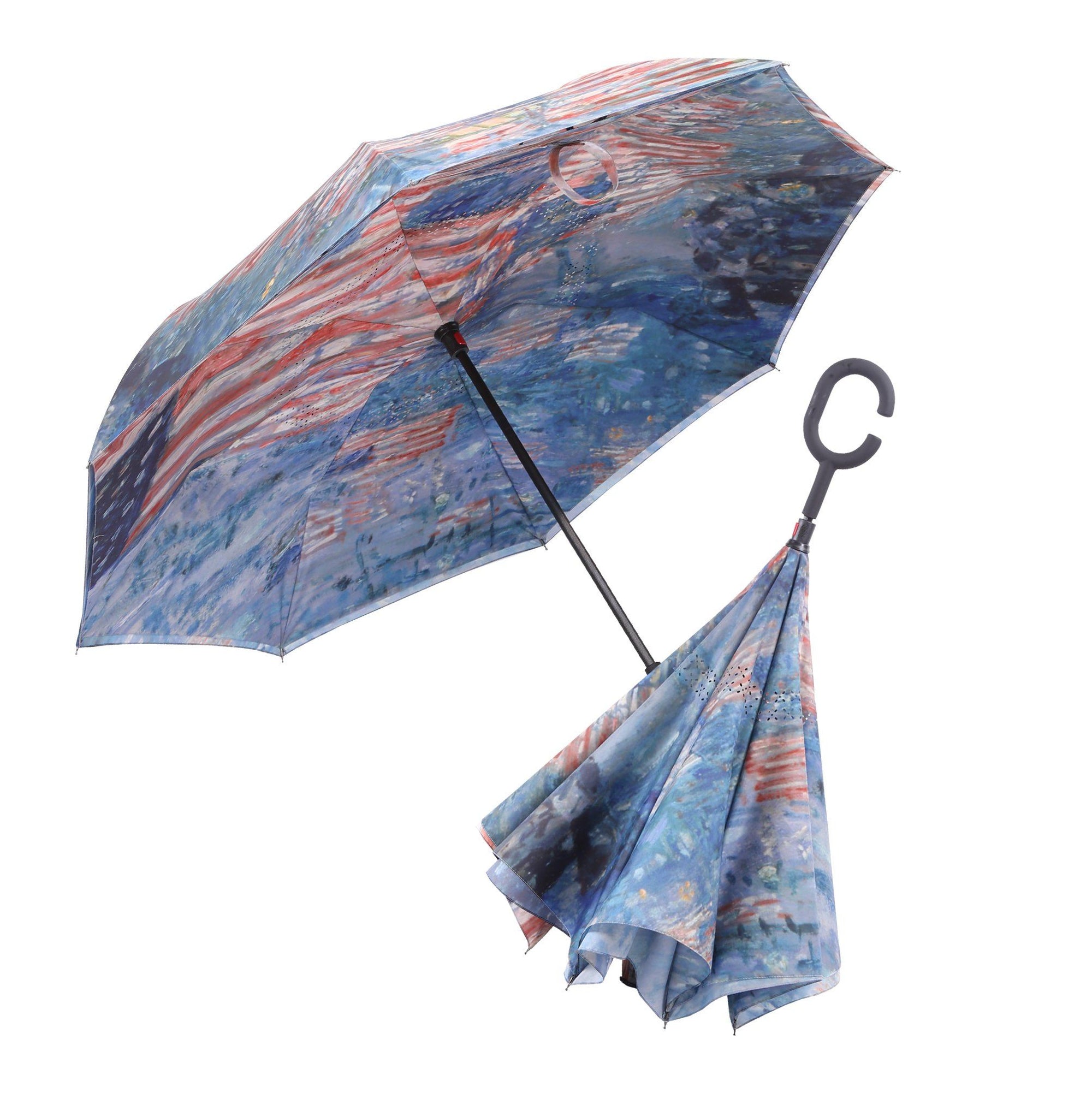 Image of a RainCaper Hassam Avenue in the Rain inverted umbrella shown both open and closed