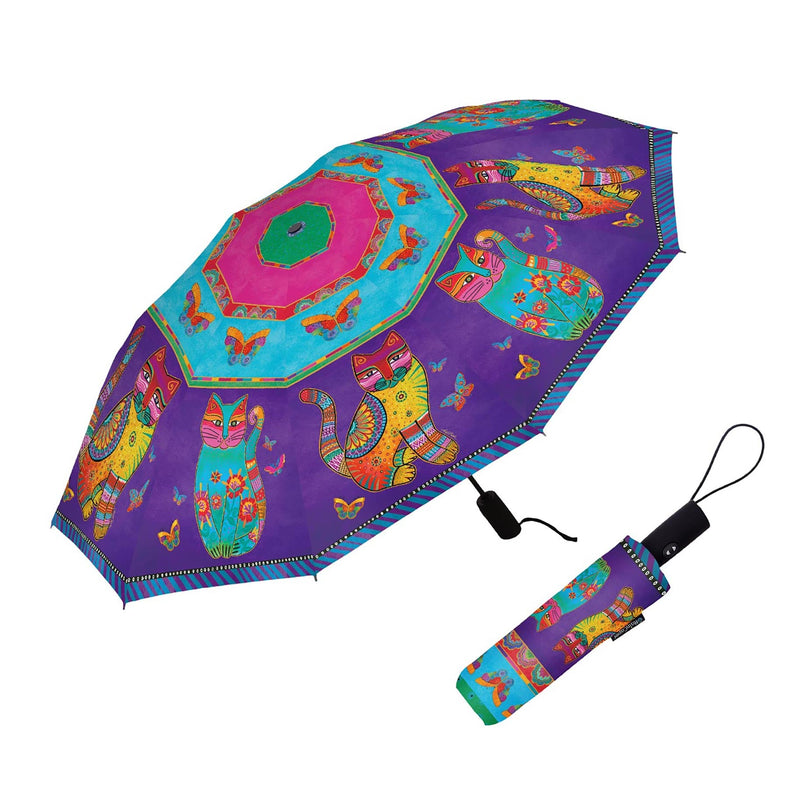 Laurel Burch Cats & Butterflies Travel Umbrella – Compact, One-Touch Open & Close
