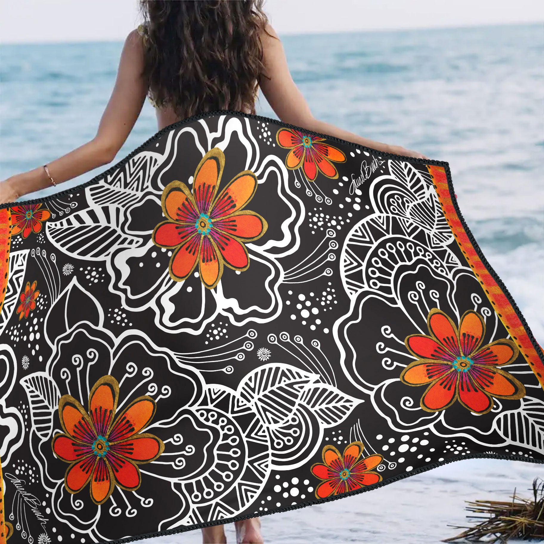 Oversized Beach Towel - Quick-Dry, Laurel Burch Orange Blossoms