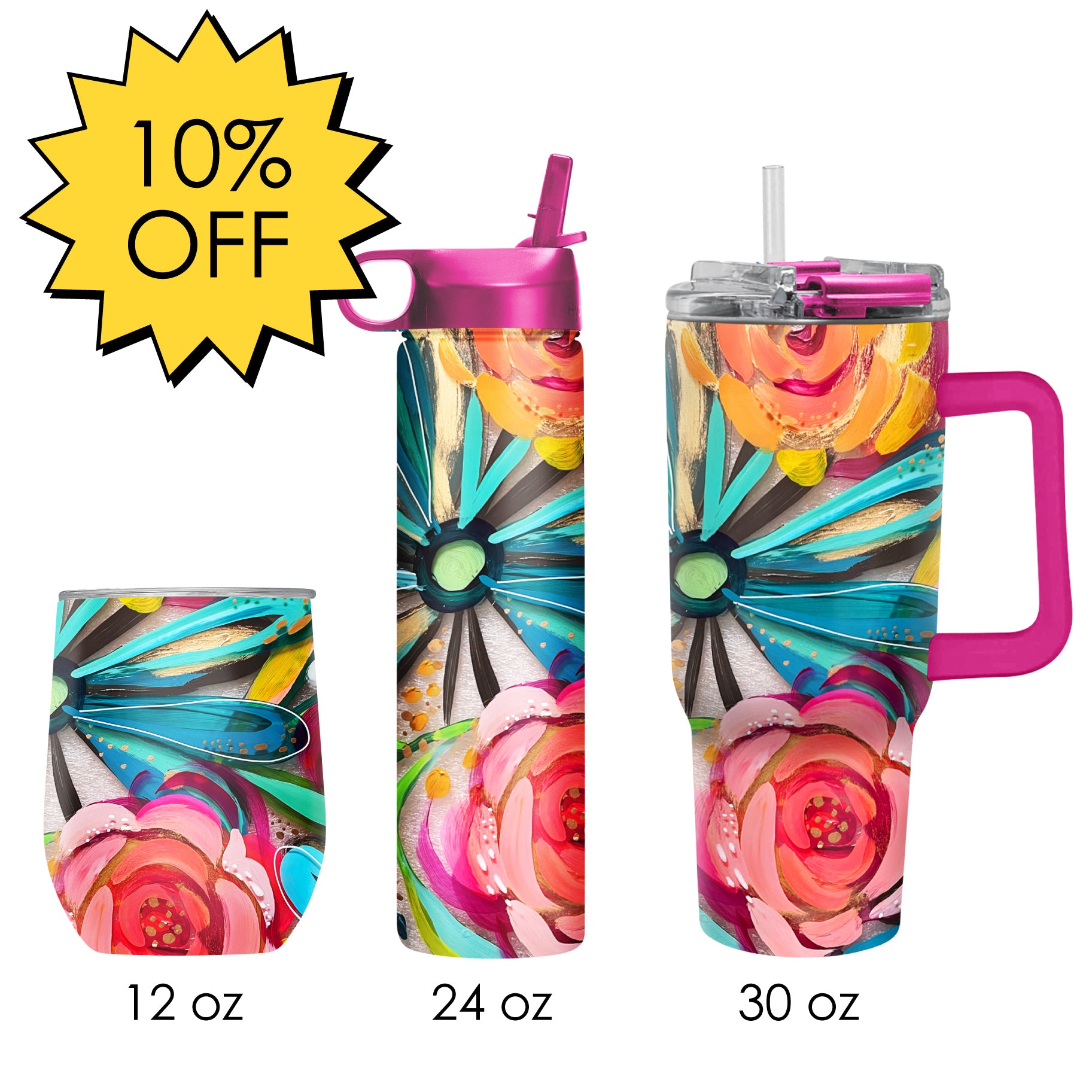 EttaVee "Flowers On Glass" Insulated Drinkware Set of 3, 1 per size