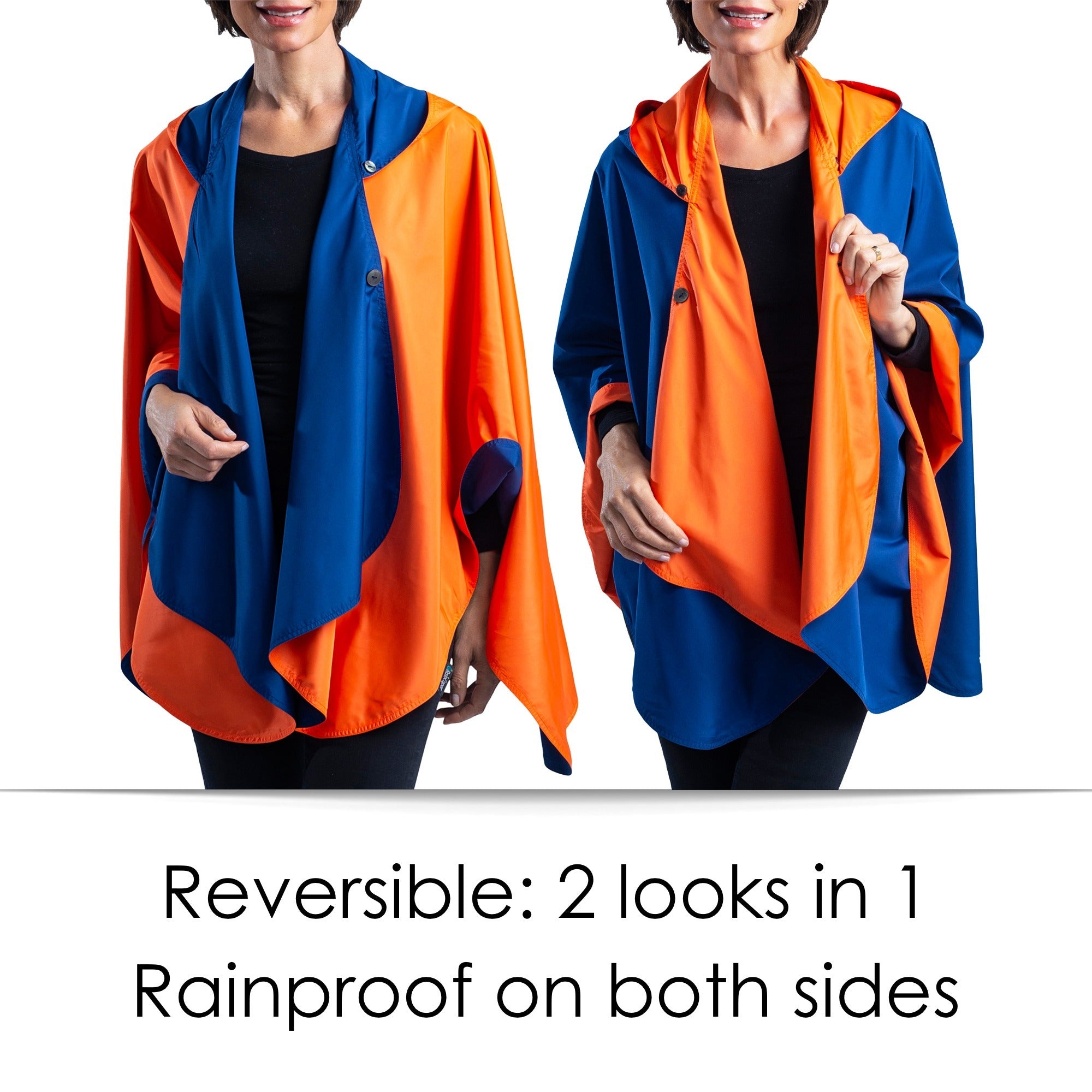 Woman wearing a Navy Blue & Orange Wind & Rainproof Sports Cape with  the Navy Blue side out, revealing the Orange  print at the lapels,neckline and cuffs