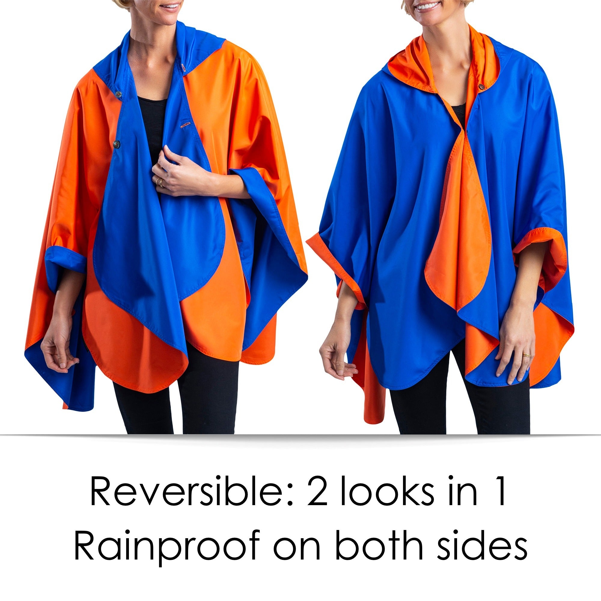  Woman wearing a Royal Blue & Orange Wind & Rainproof Cheer Cape with the Royal Blue side out, revealing the Orange print at the lapels,neckline and cuffs