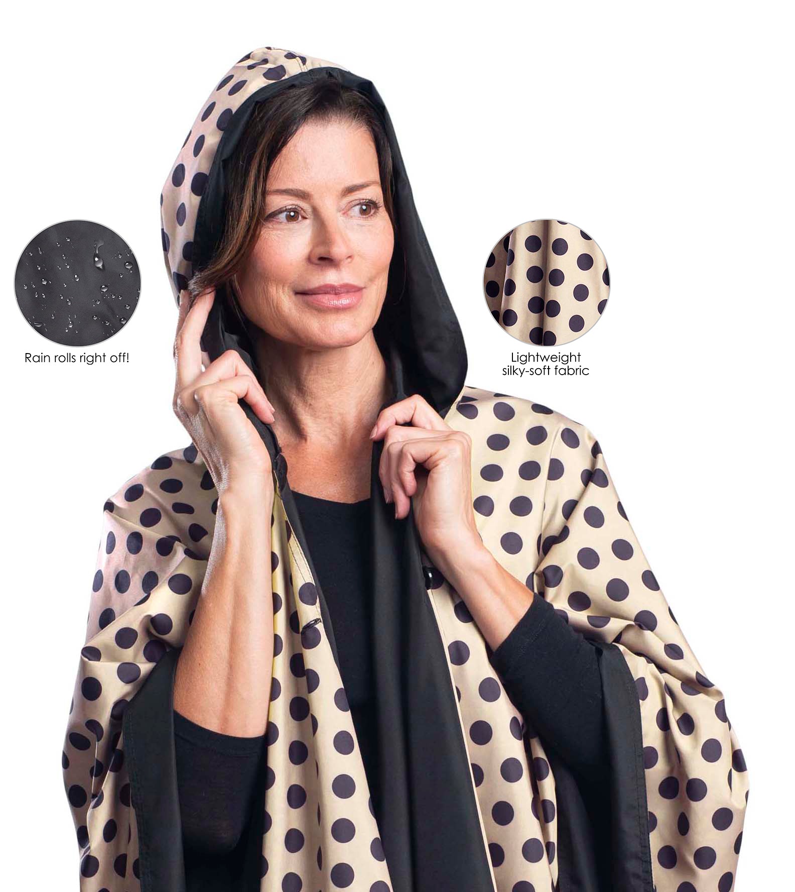 Women wearing a Black and Camel Dots Reversible RainCaper travel cape with the Black side out, revealing the Camel Dots Reversible print at the lapels and cuffs