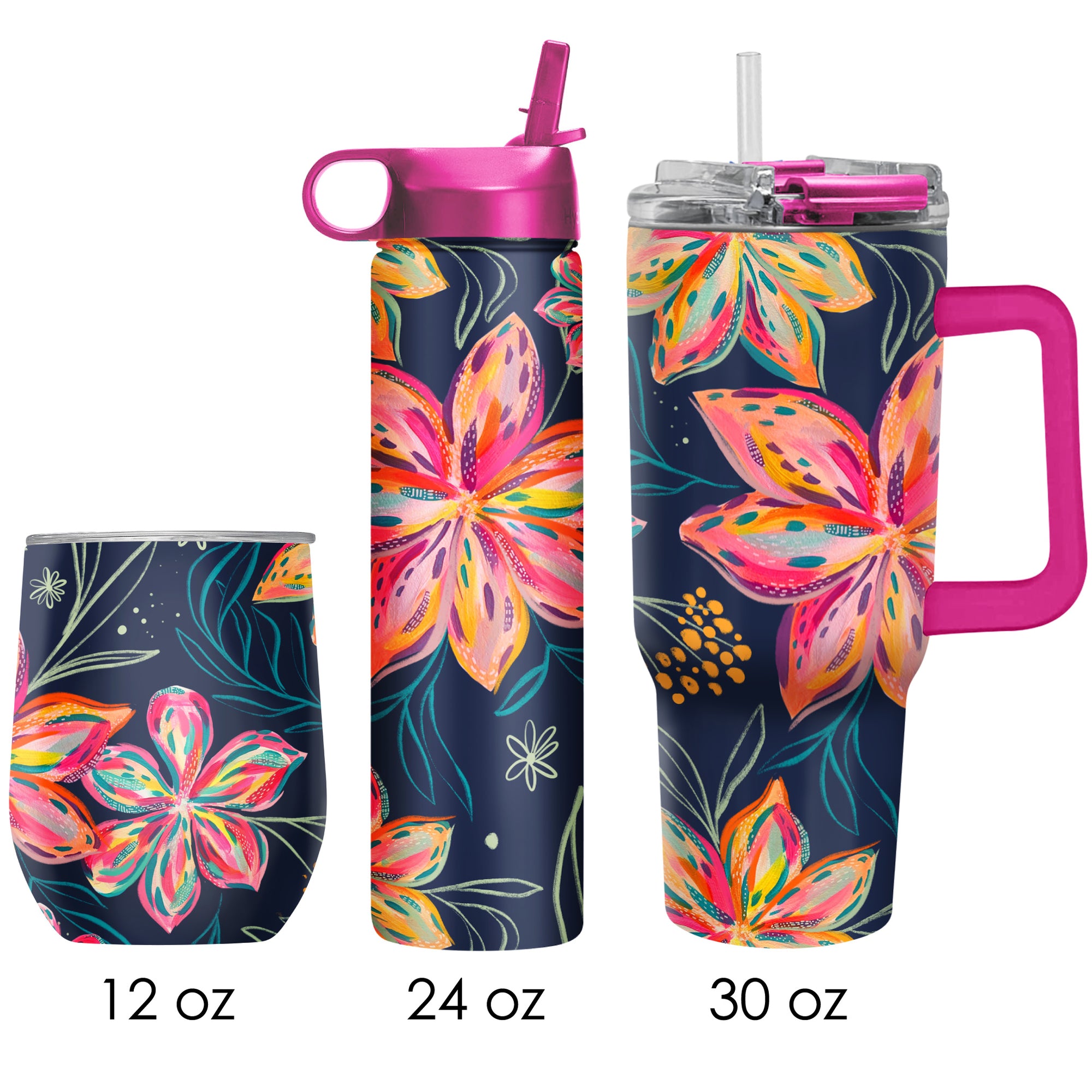 EttaVee "Bold Flowers" Insulated Drinkware Set of 3, 1 per size