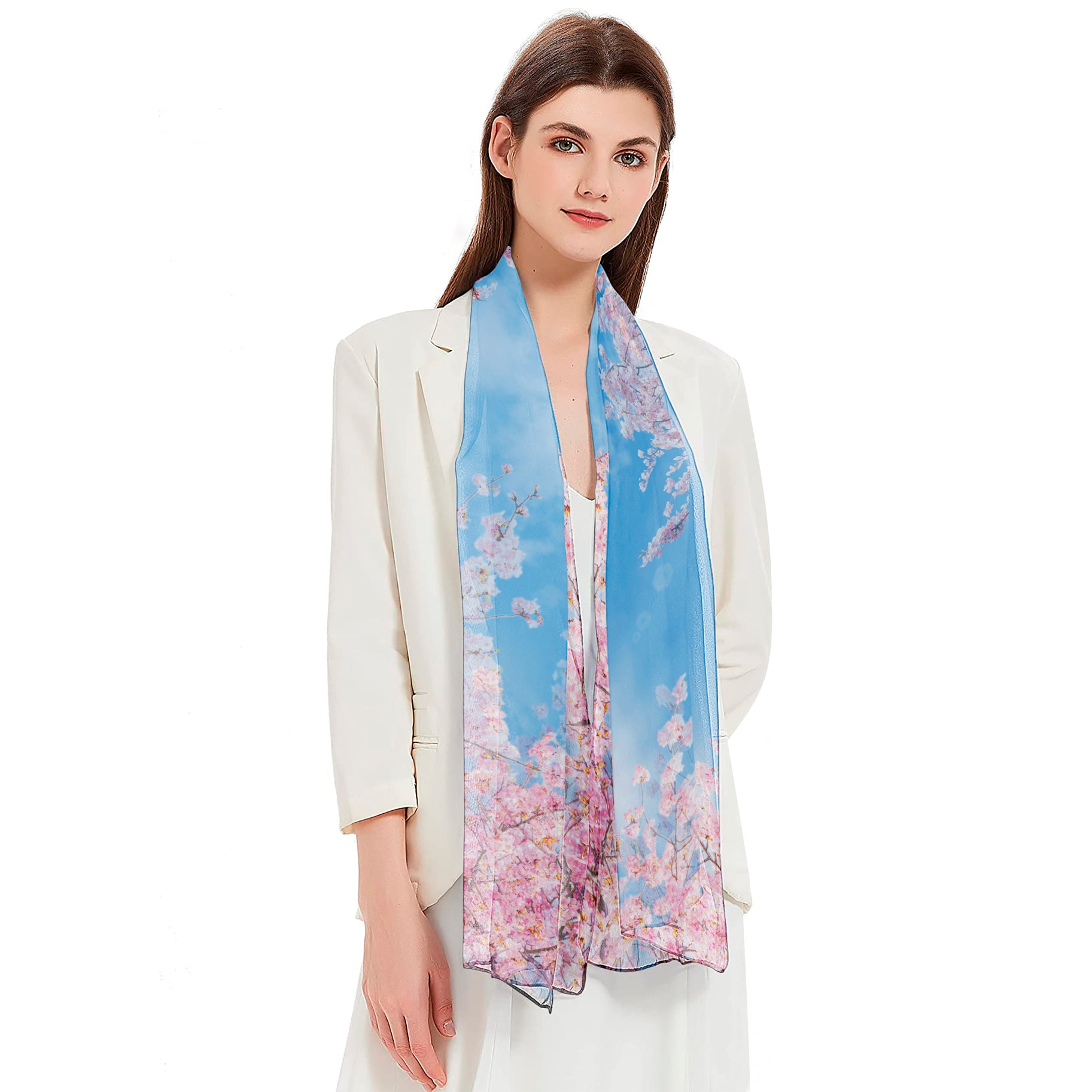 Cherry Blossoms Silky-soft Polyester Sheer Long Scarf