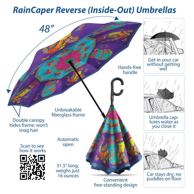 Laurel Burch Cats & Butterflies Reverse Inverted Umbrella – Windproof - Earlier Design