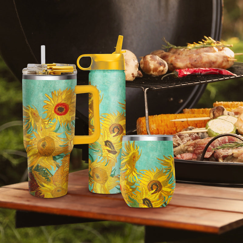 12 oz Stemless Wine Tumbler - van Gogh "Sunflowers" - Silver Rim