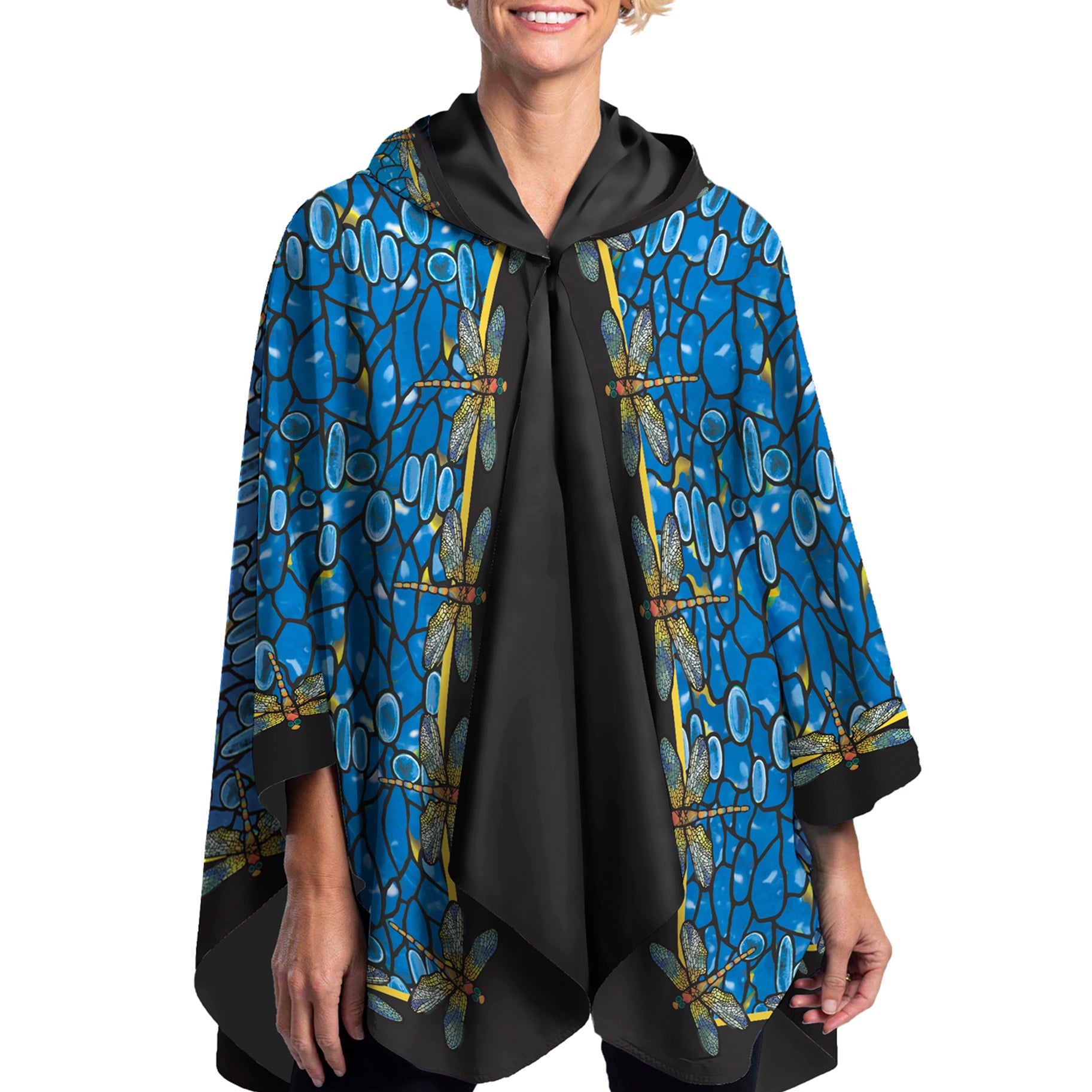 Tiffany Dragonfly (Multi) Reversible Rain Cape – Lightweight Hooded Wrap for Women