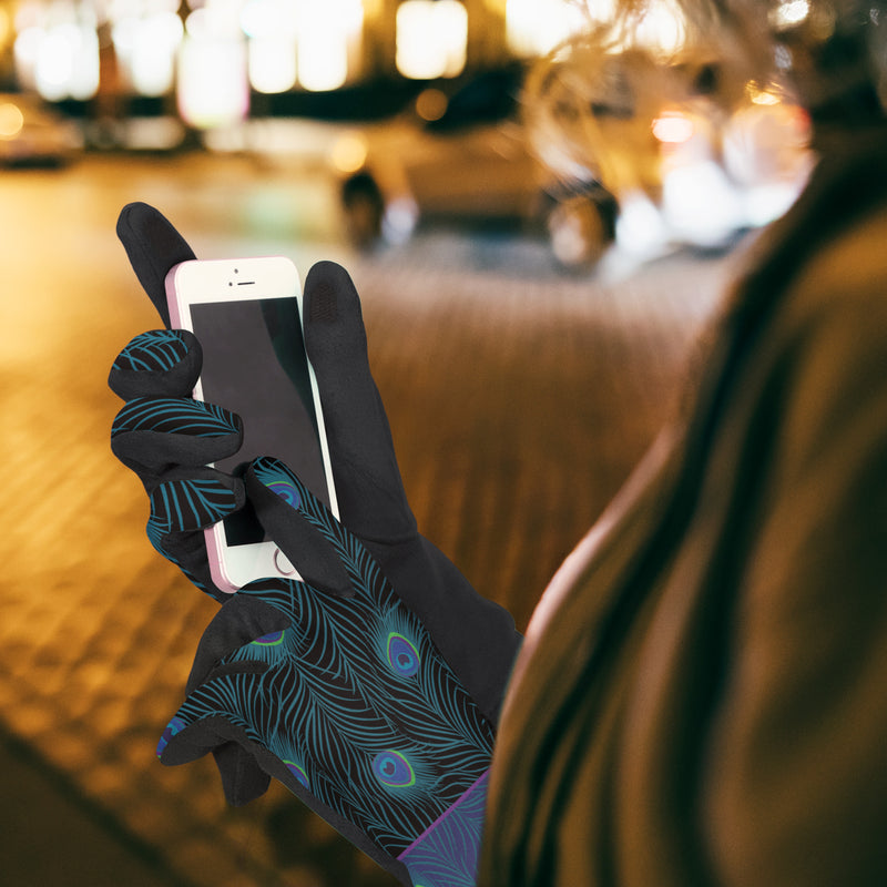 Black Blue Peacock Womens Touch Screen Gloves - One Size Fits All