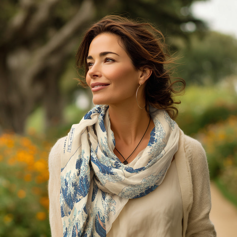 Hokusai "The Great Wave" Silk Blend Shawl – Lightweight Dressy Wrap for Women