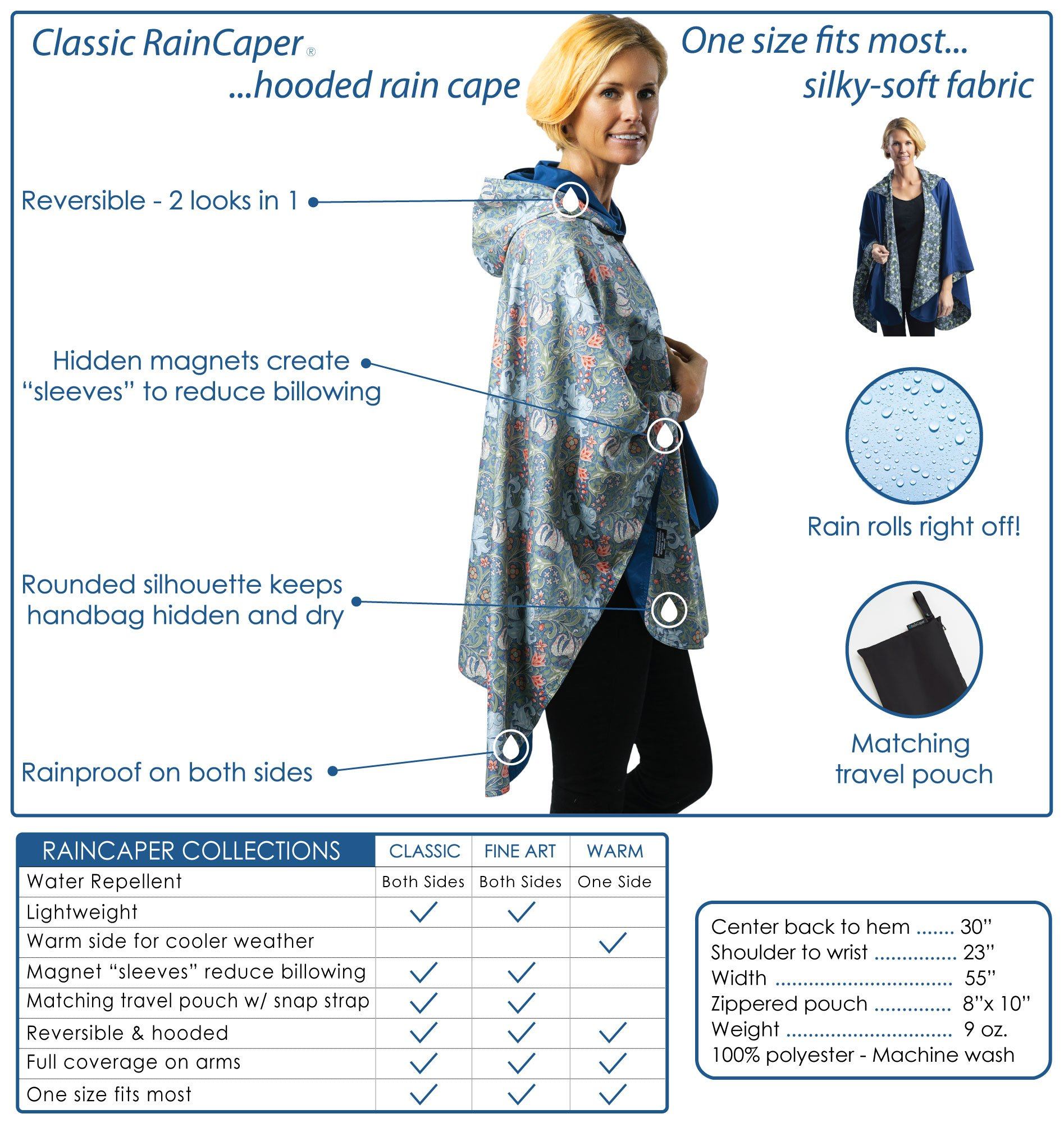 William Morris Golden Lily & Bluebell Womens Rain Cape - Rainproof Breathable Rain Poncho