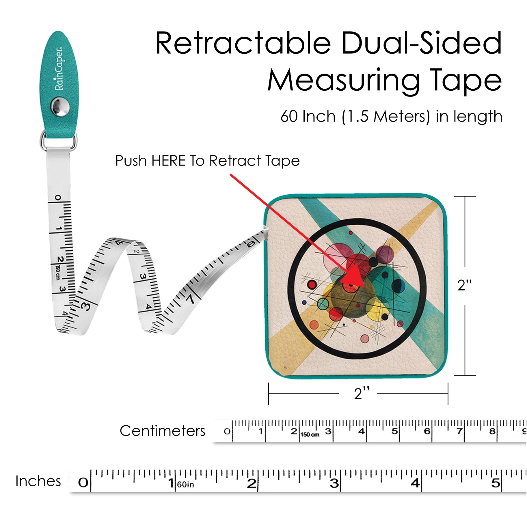 Kandinsky Circles in a Circle Compact Retractable Tape Measure – Dual-Sided, 60"/150cm