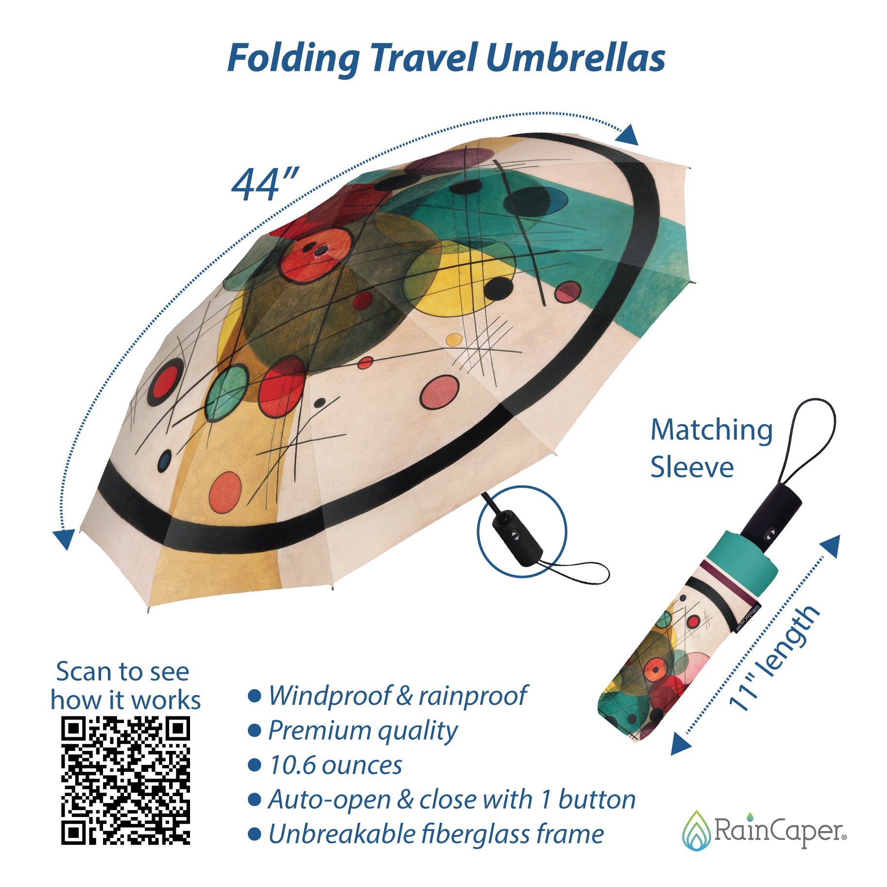 Kandinsky Circles in a Circle Travel Umbrella – Compact, One-Touch Open & Close