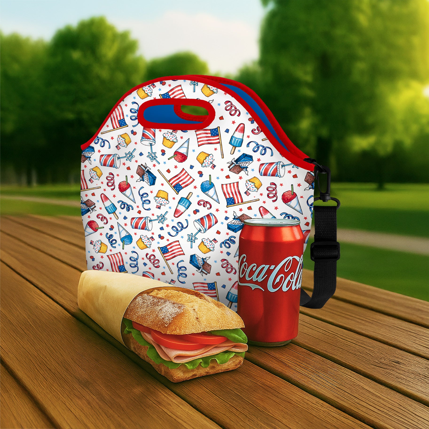 Mary Engelbreit American Birthday Cookout Neoprene Lunch Tote with Handles & Shoulder Strap