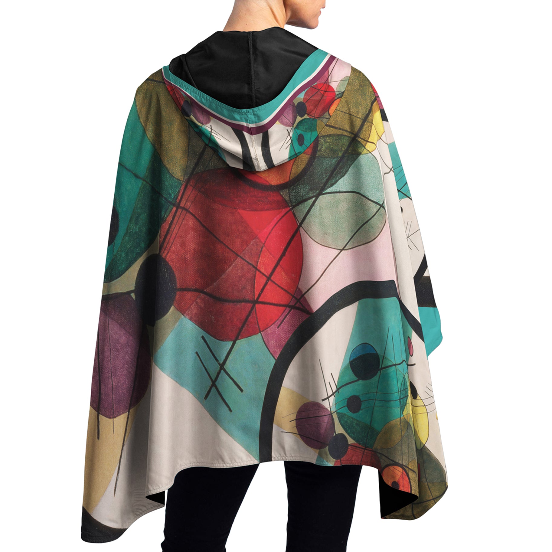 Kandinsky Circles in a Circle Reversible Rain Cape Poncho – Lightweight Hooded Wrap for Women